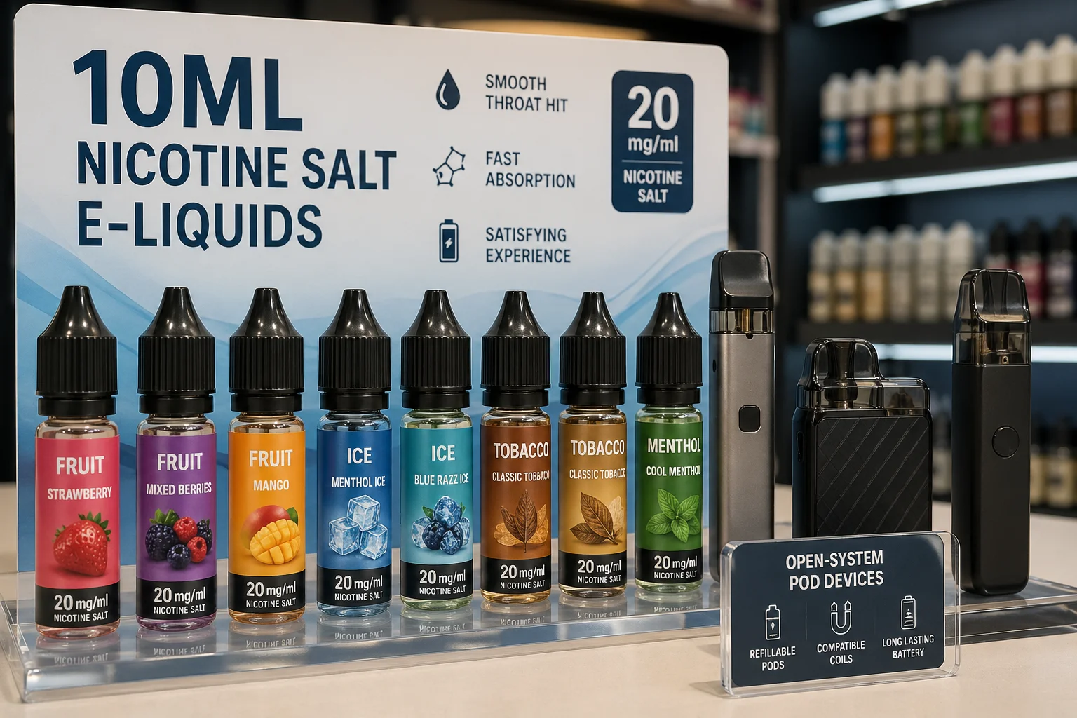A retail shelf of 10ml nicotine salt e-liquid bottles with fruit, ice, tobacco, and menthol flavors beside open-system pod devices