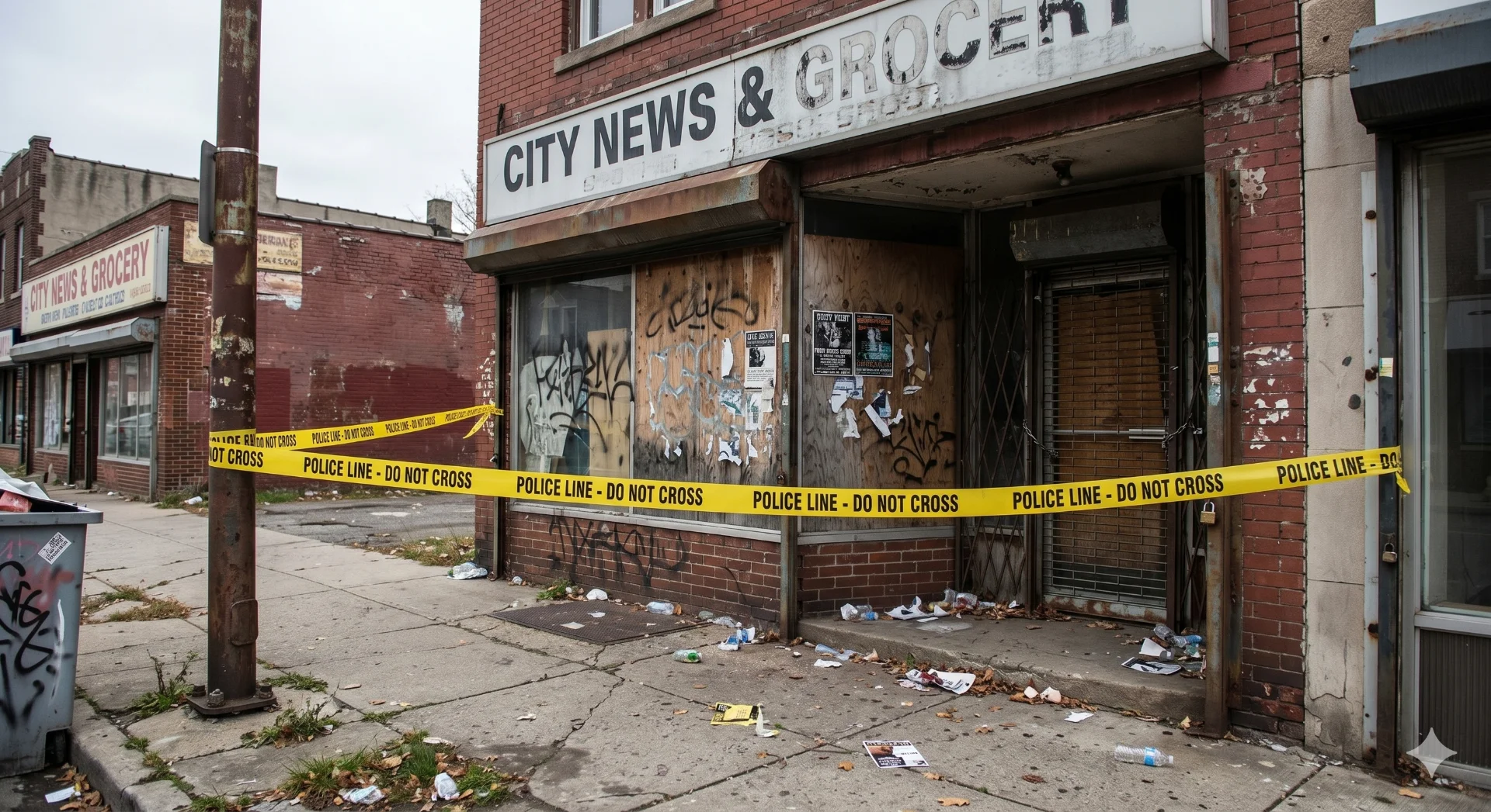 A closed-down, dilapidated storefront with a 'Police' tape