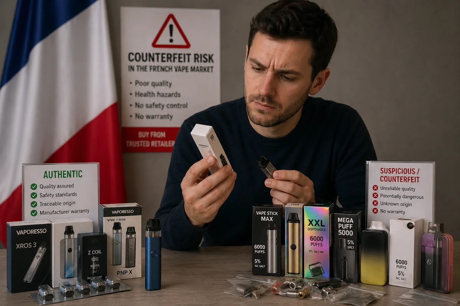 A French vape market warning scene showing authentic products versus cheap counterfeit vapes with a buyer checking product quality
