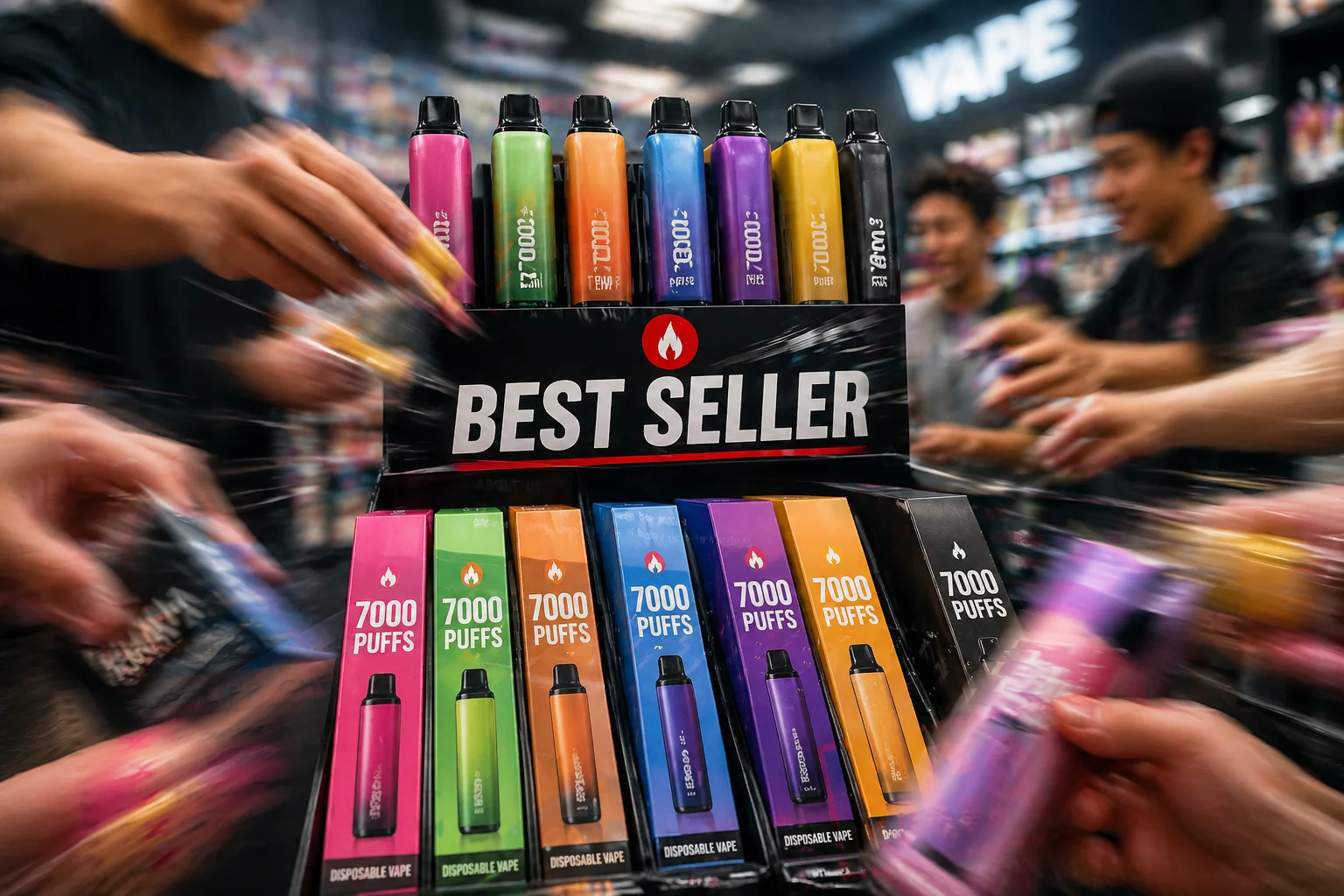 A fast-moving blurred image of vape products being sold quickly