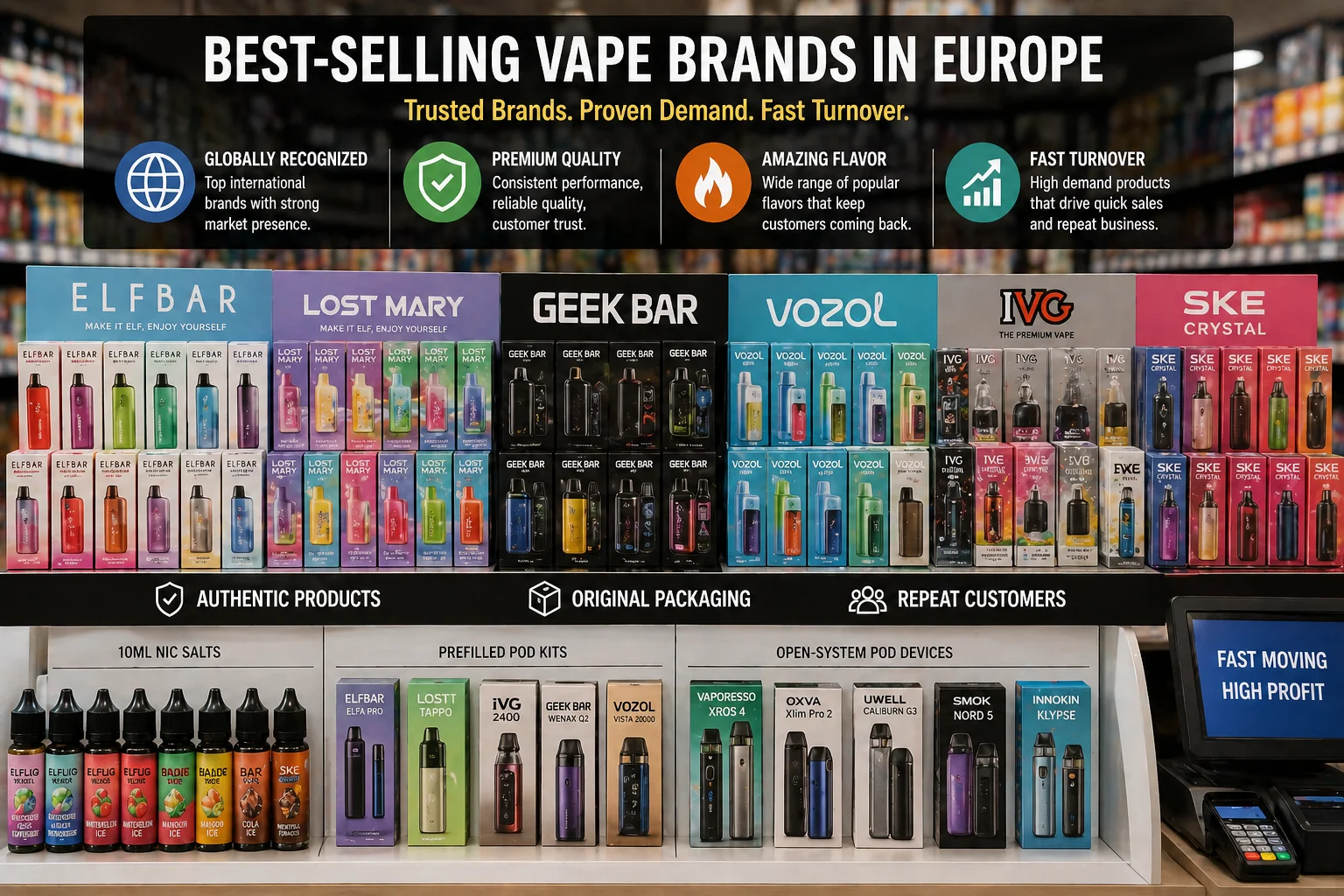 A display of popular vape brands in a European convenience store