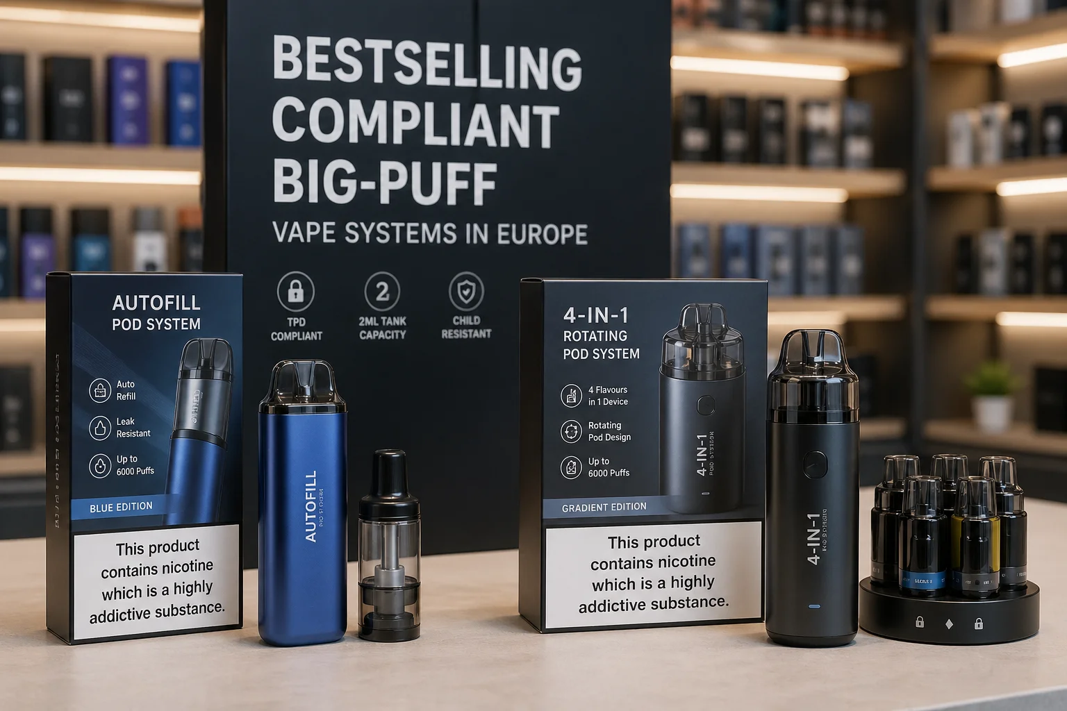 A display of compliant big-puff vape systems showing auto-refill devices, 4-in-1 pod systems, and TPD-compliant packaging