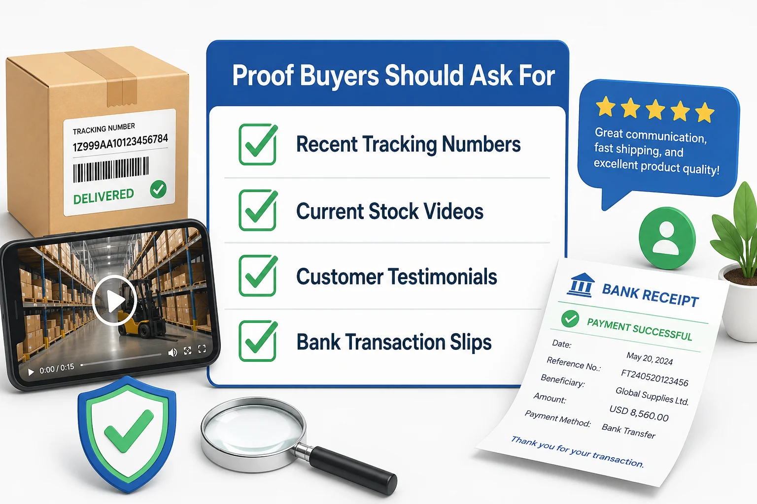A checklist with items like tracking number and video proof ticked off
