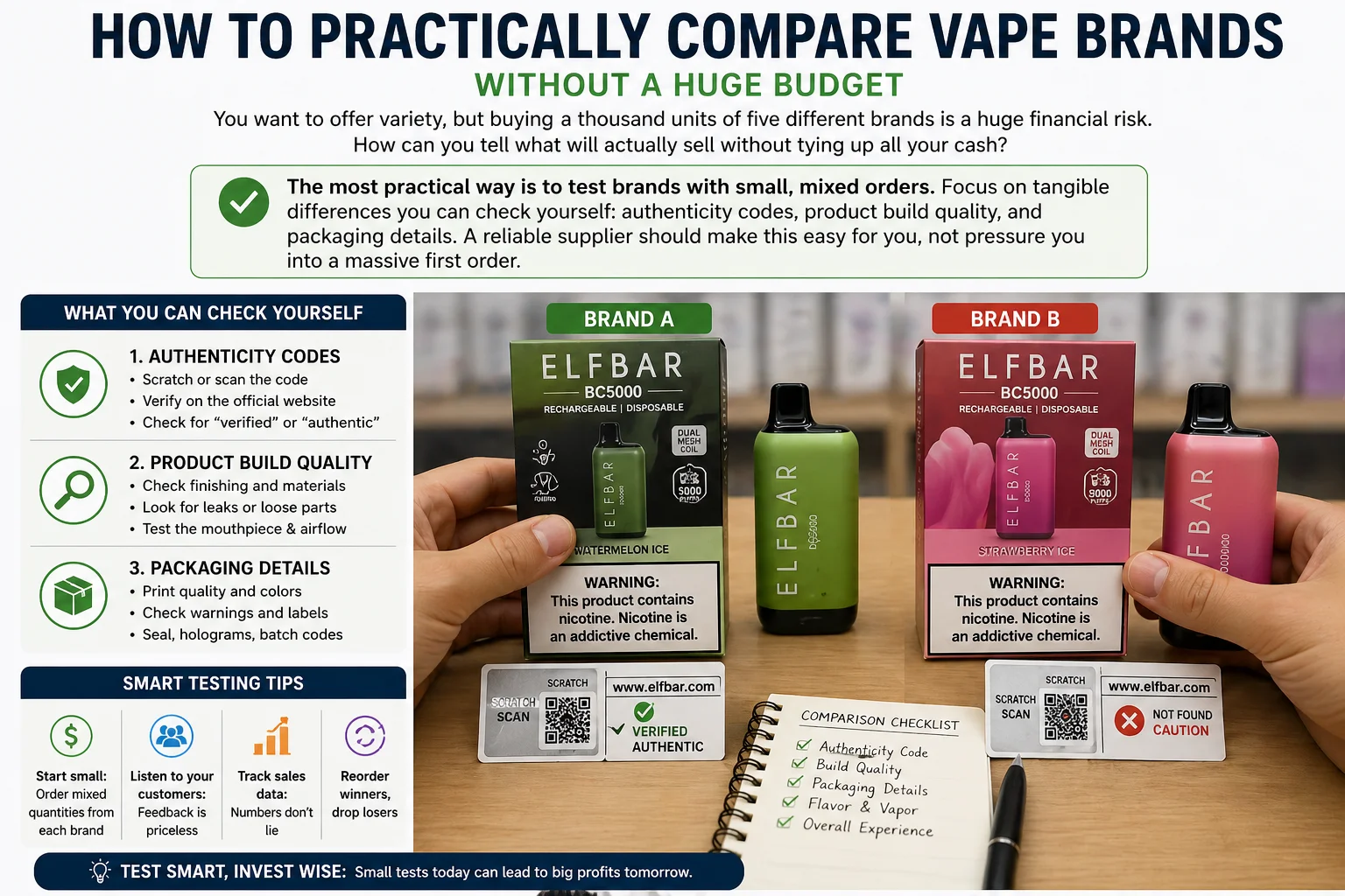A person comparing two different disposable vape packages side-by-side
