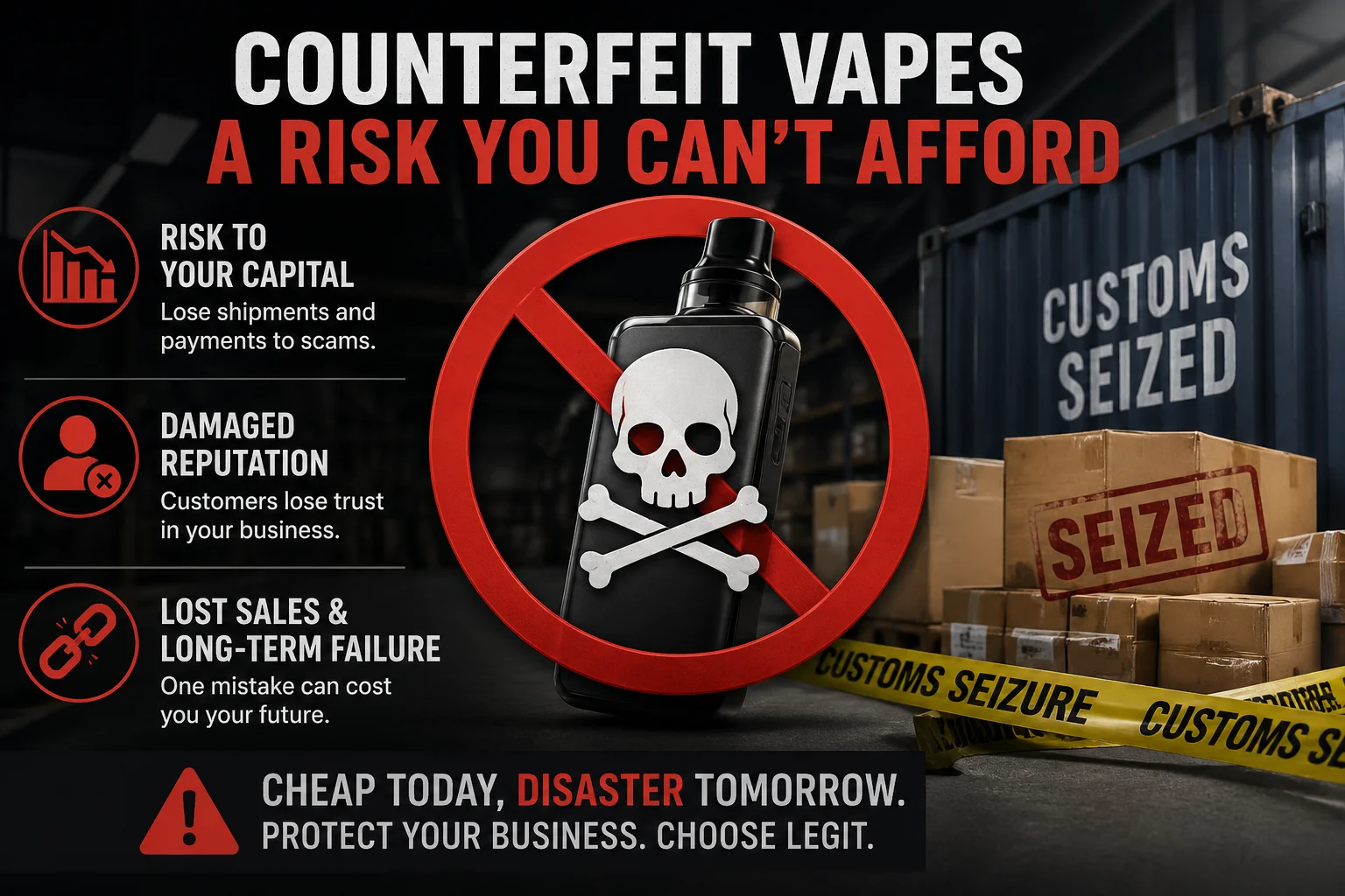 Warning against counterfeit vapes featuring a vape with a skull and crossbones symbol, caution tape, and seized boxes near customs containers.