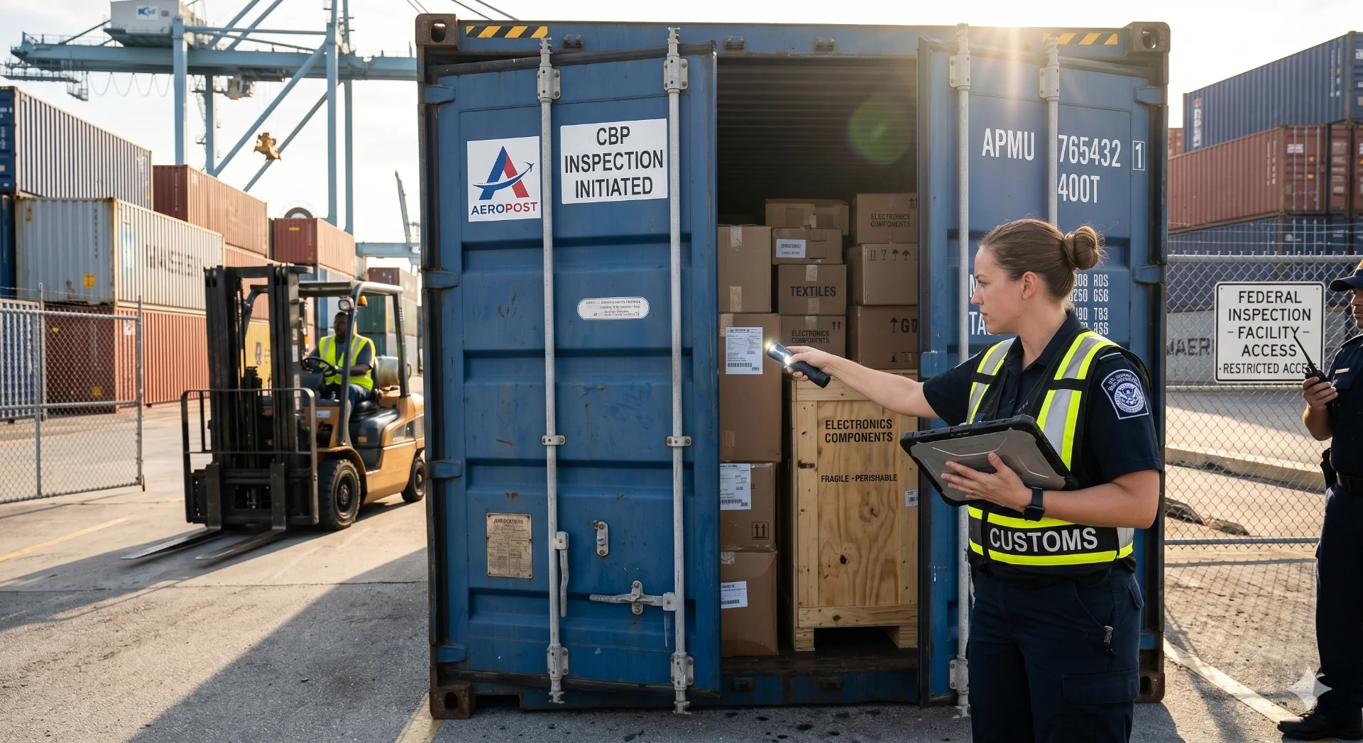A customs officer inspecting a shipping container