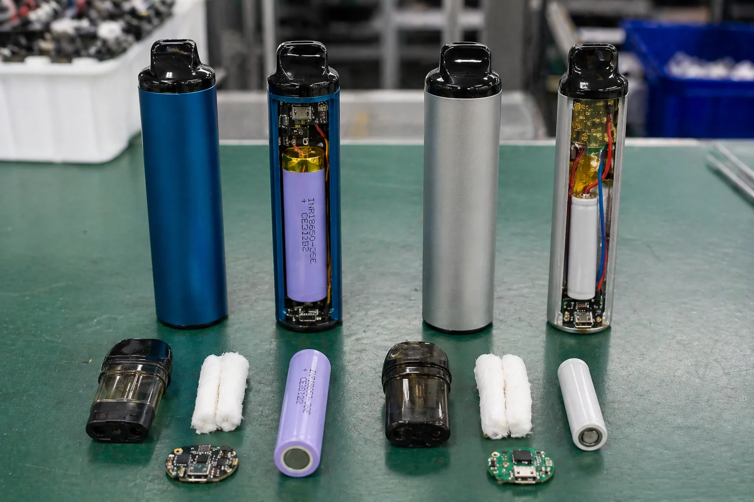 Various disassembled electronic cigarette components, including casings, batteries, wicks, coils, pods, and circuit boards, displayed on a green workbench.