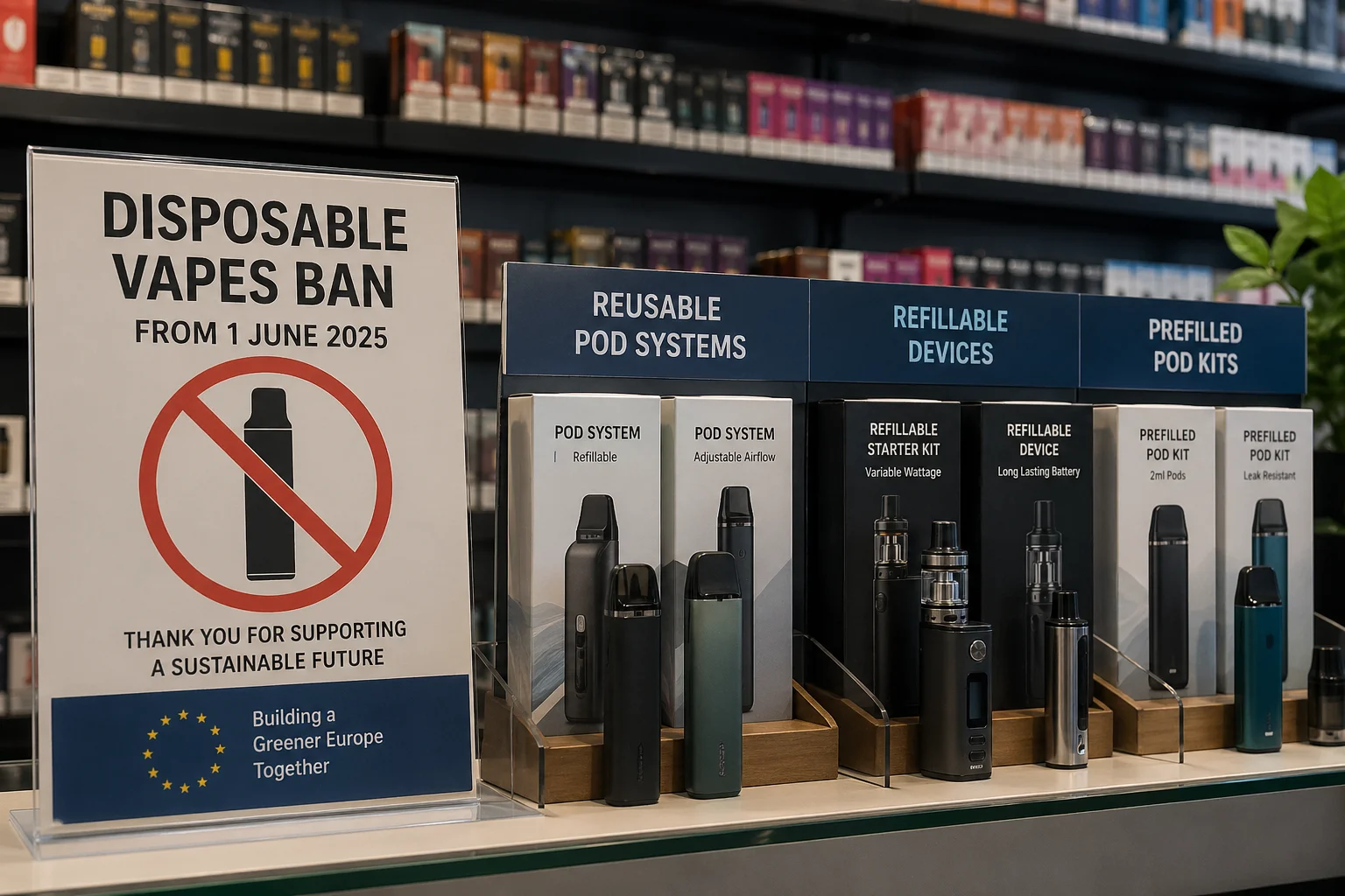 A European retail shelf transitioning from single-use disposable vapes to reusable pod systems and compliant refillable products