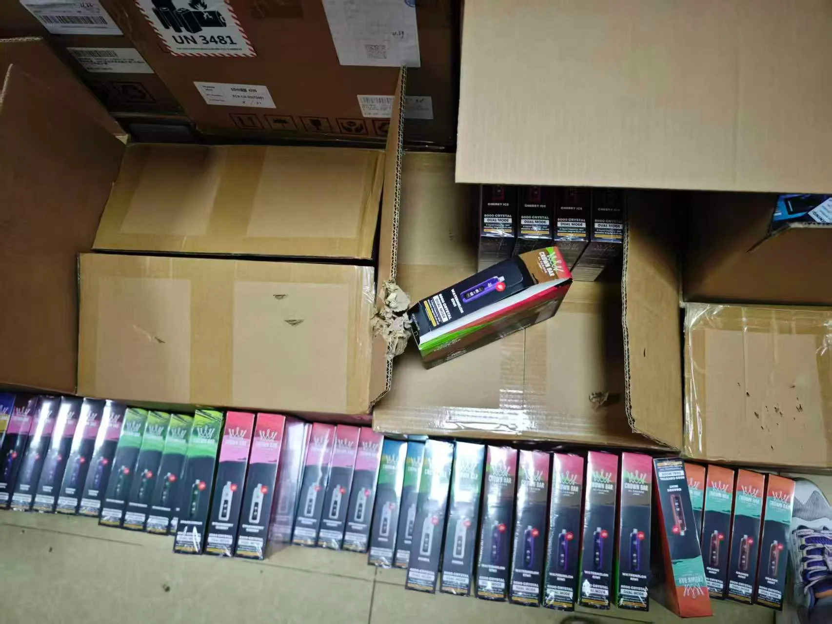 Boxes of vapes ready for shipping from a warehouse