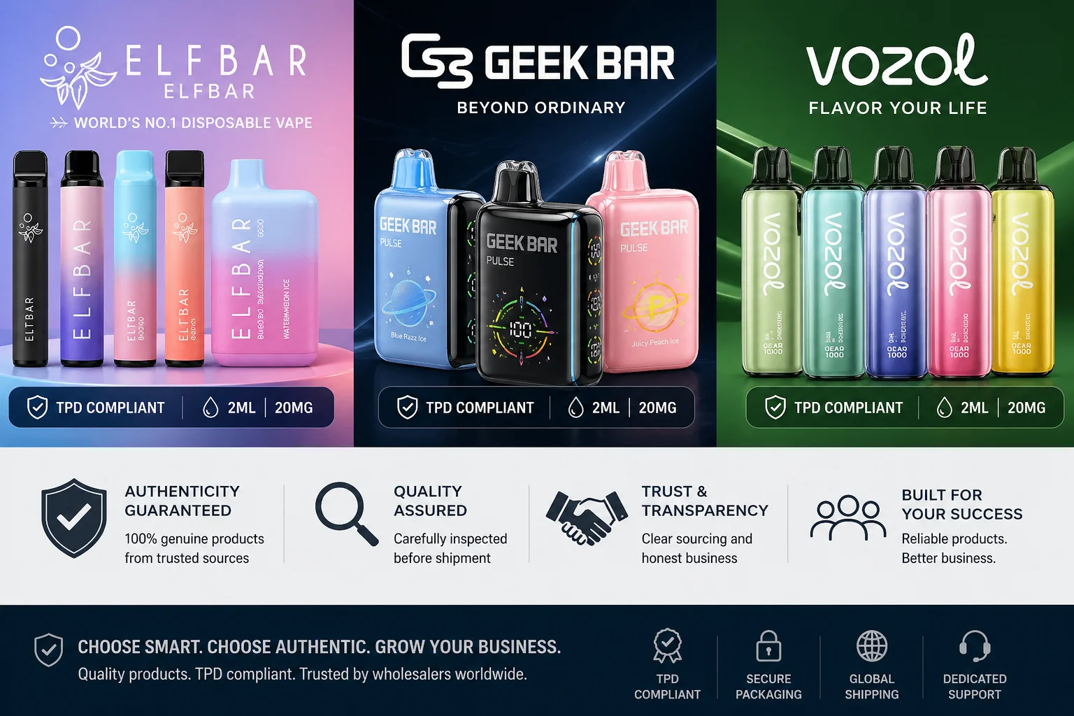 A collage of popular and compliant vape brands like Elf Bar and Vozol