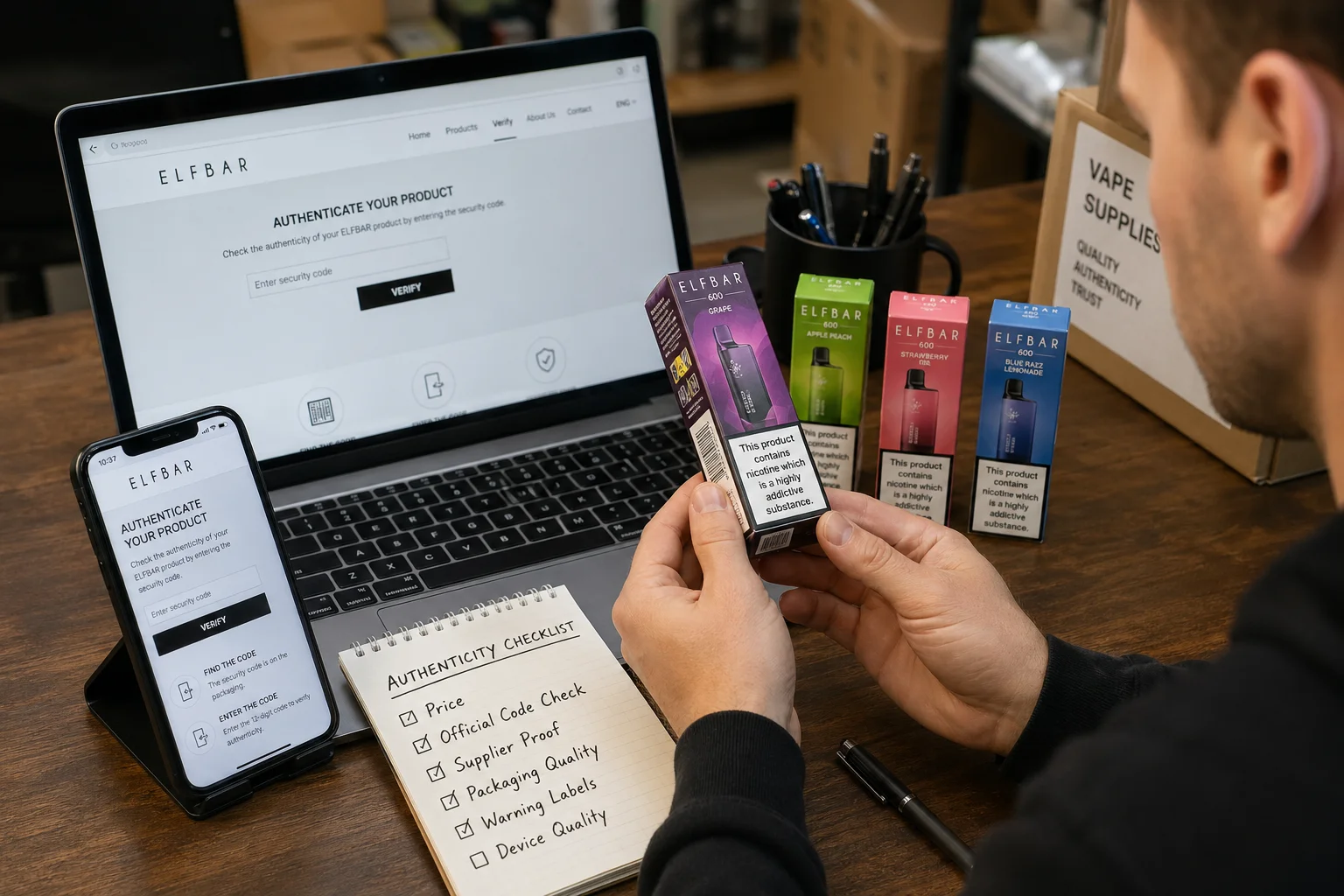 A person carefully examining the packaging of a disposable vape.