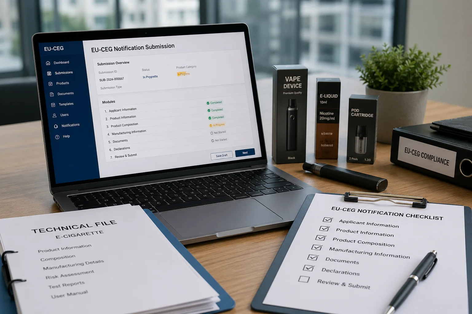 A laptop screen showing EU-CEG product notification with vape packaging, compliance documents, and a checklist on the desk