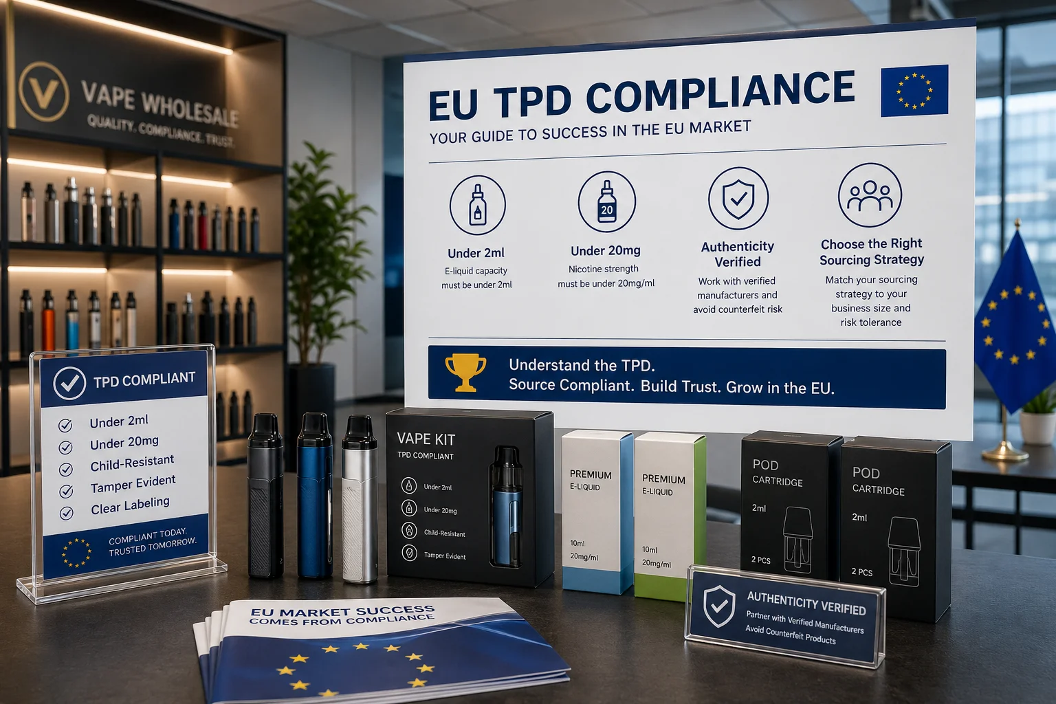 A selection of TPD compliant vape products on a clean background