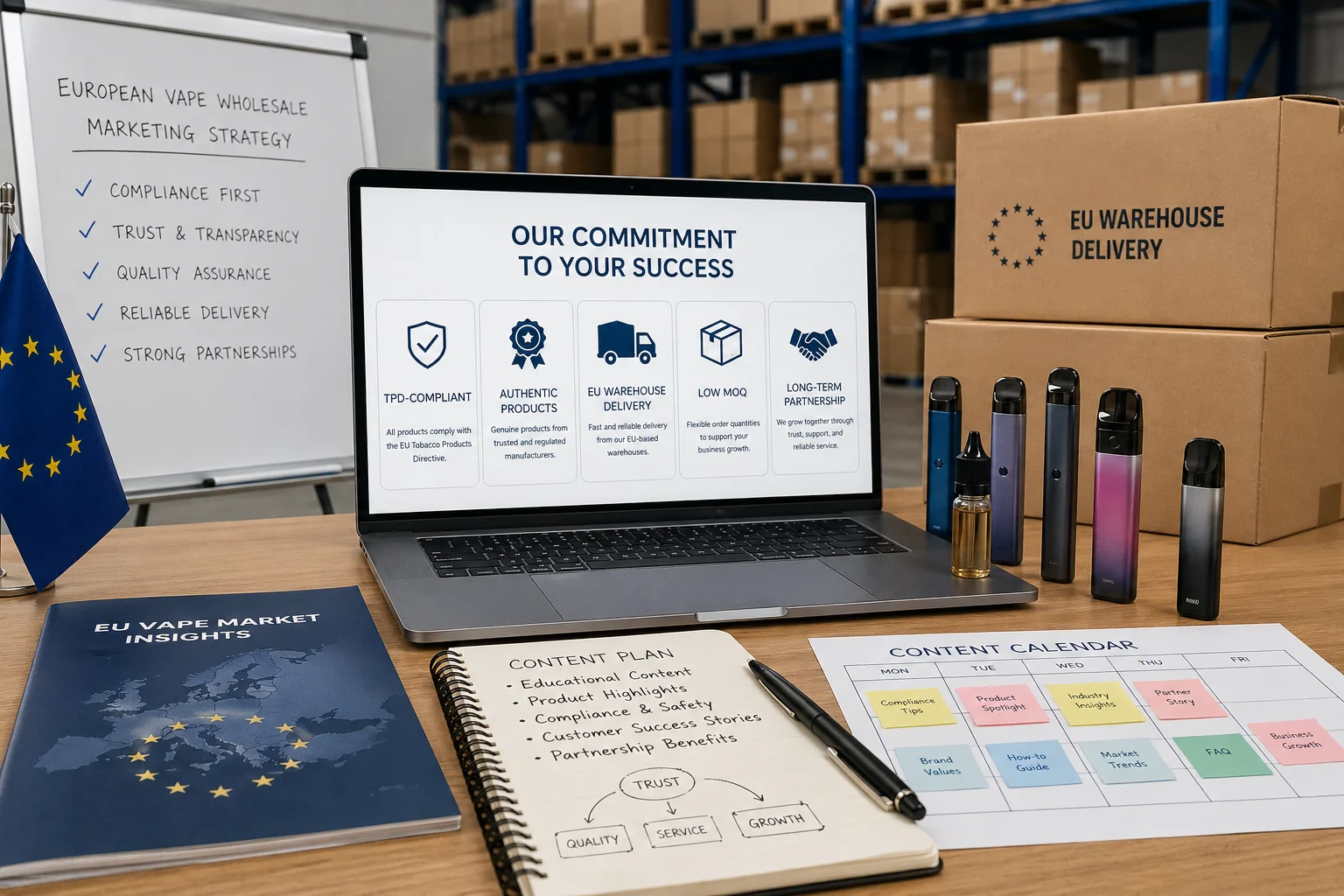 A vape marketing planning desk showing TPD-compliant messaging, authenticity proof, EU warehouse delivery, and responsible product promotion