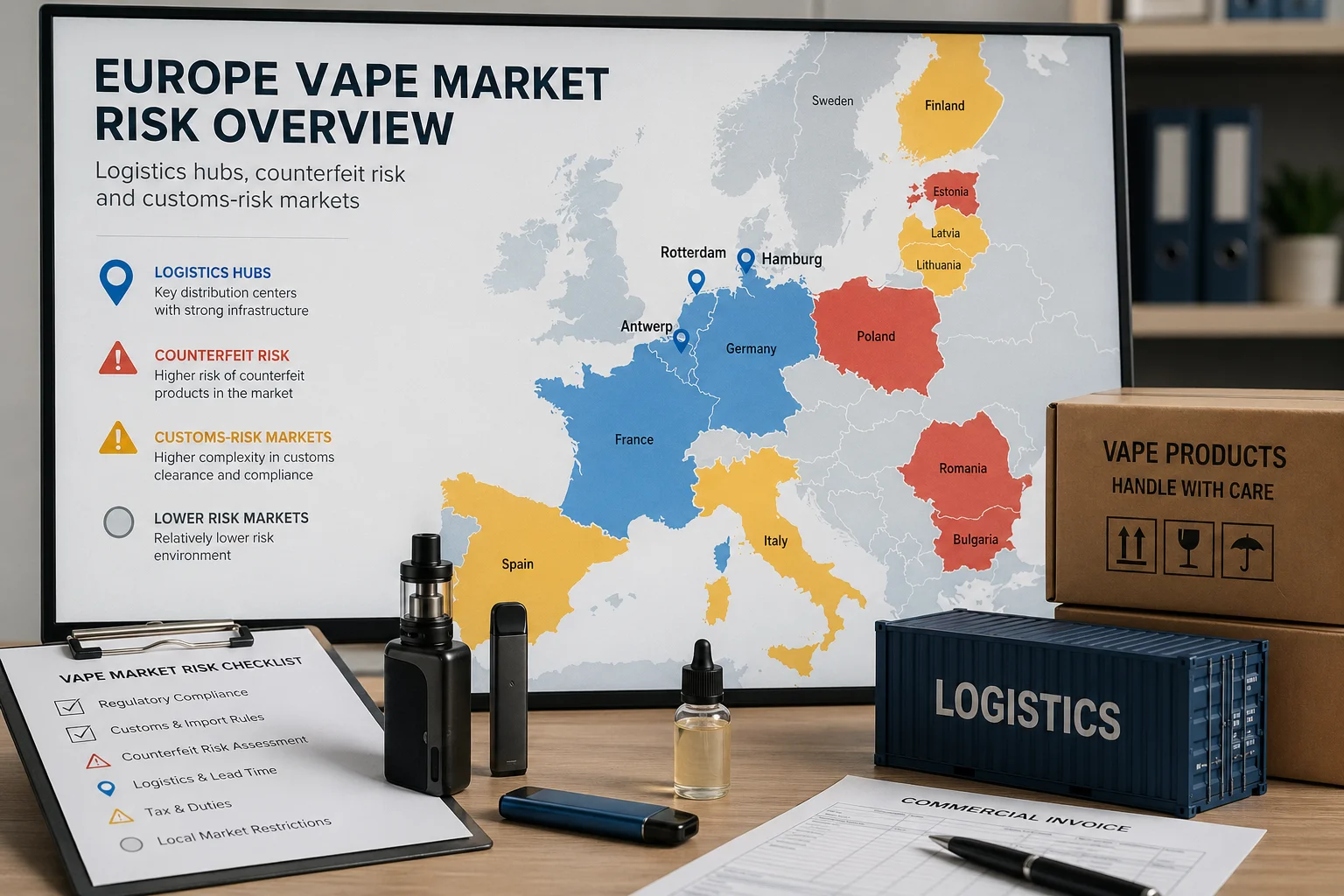 Infographic showing Europe vape market risk analysis with logistics hubs, counterfeit risks, and customs complexity overlaid on a map, alongside vaping products and logistics documentation.
