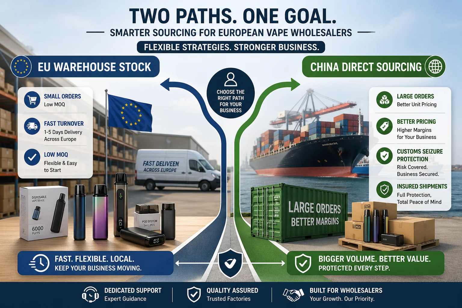 A two-path European sourcing strategy showing EU warehouse for small orders and China direct sourcing for large insured shipments