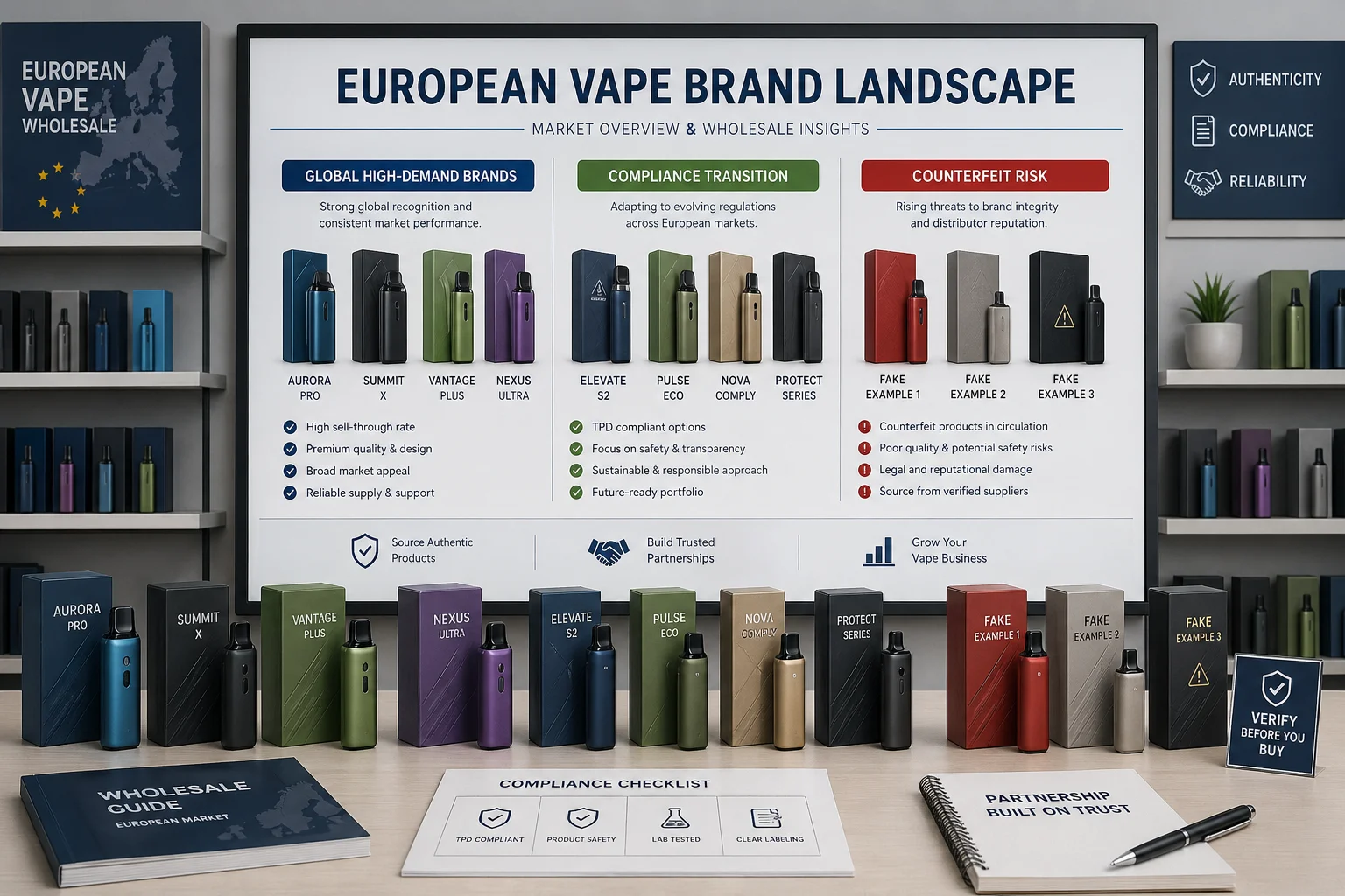 A European vape brand comparison display showing global high-demand brands, compliant pod systems, and counterfeit-risk warnings