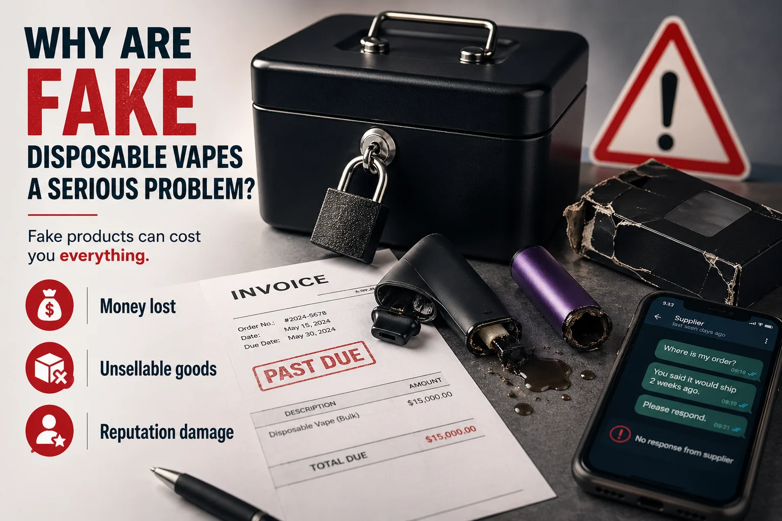 A locked wallet next to a broken disposable vape.