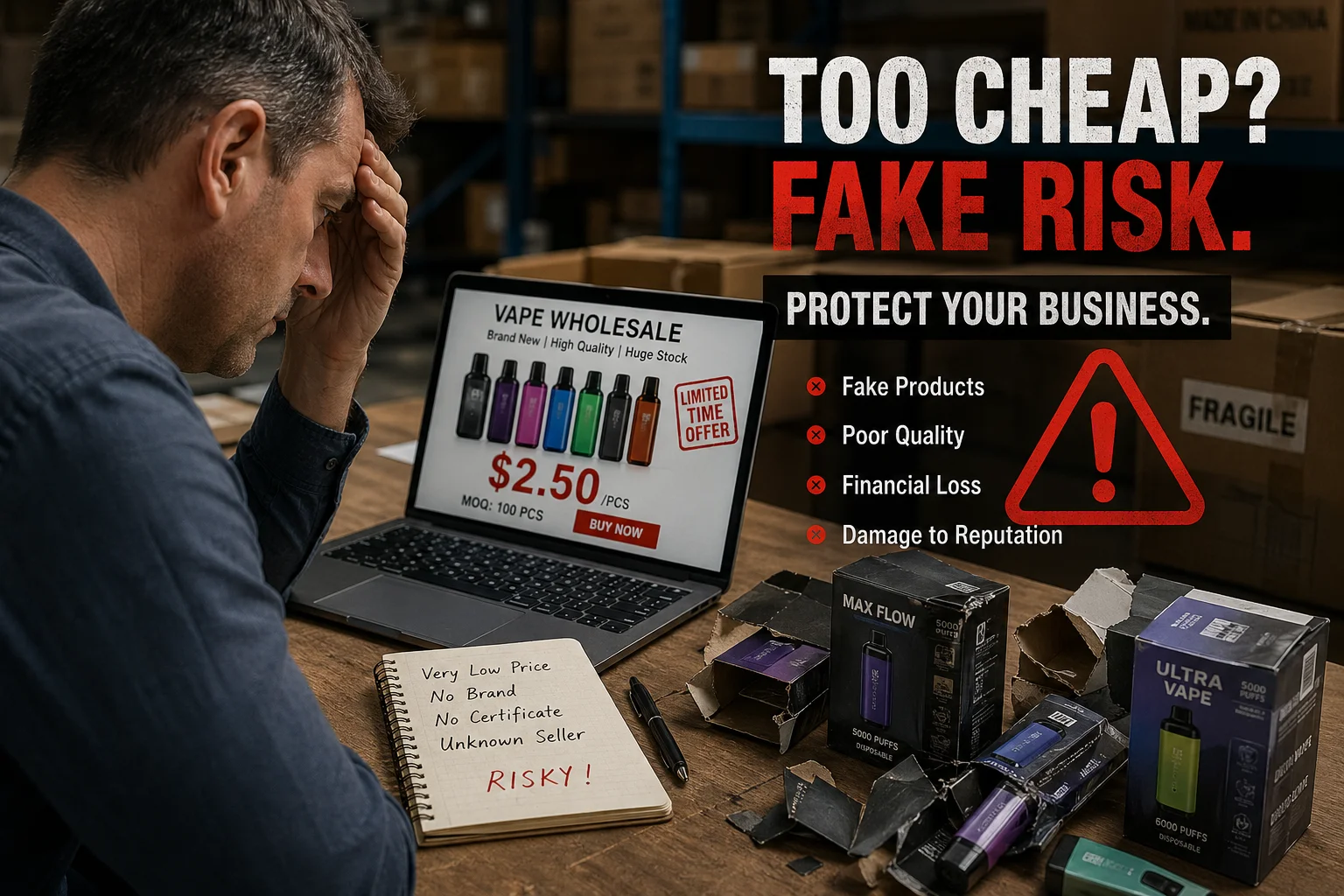 A warning scene showing a fake cheap vape offer, damaged products, and a wholesaler realizing the risk