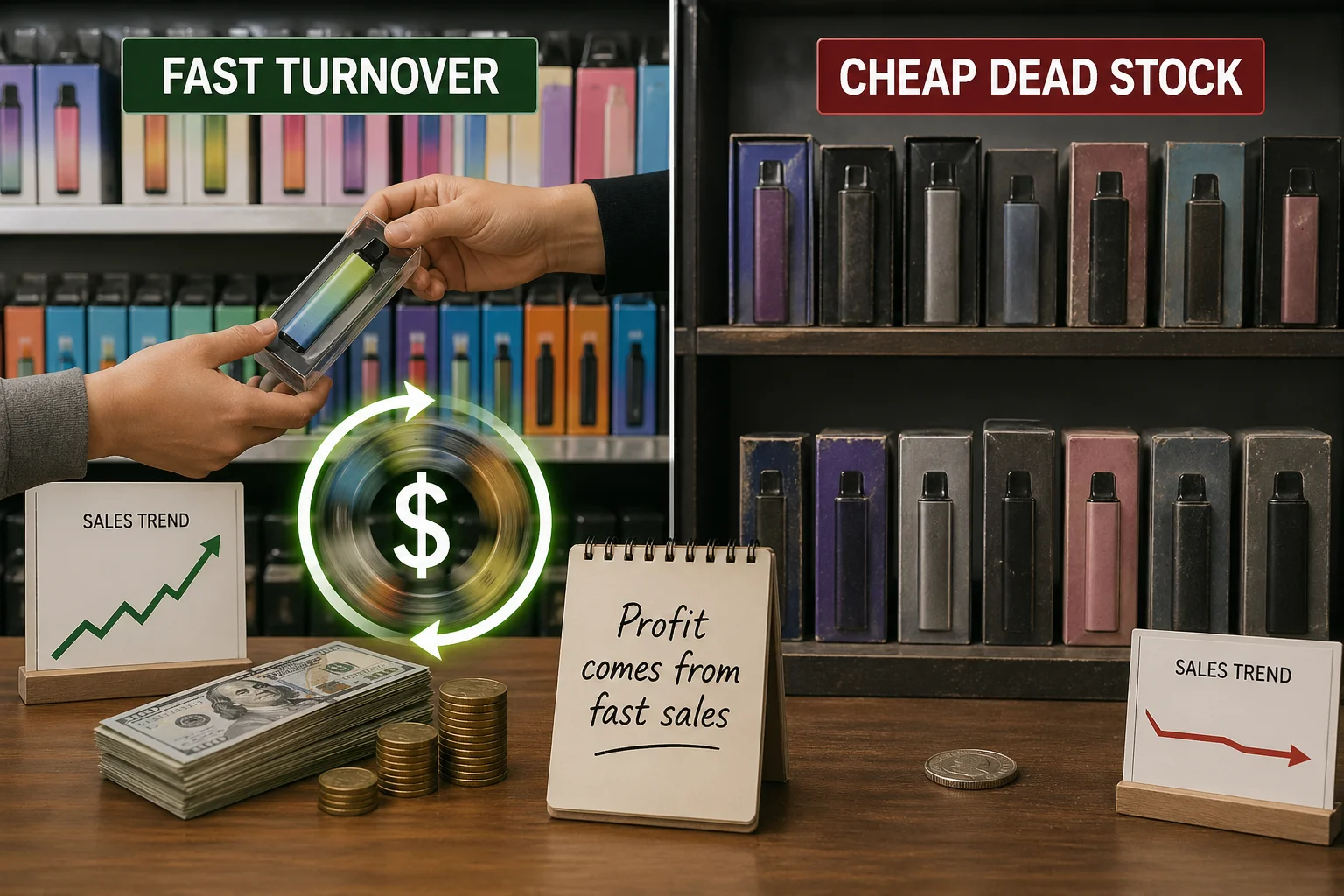 A fast-spinning wheel of money versus a single stationary coin.