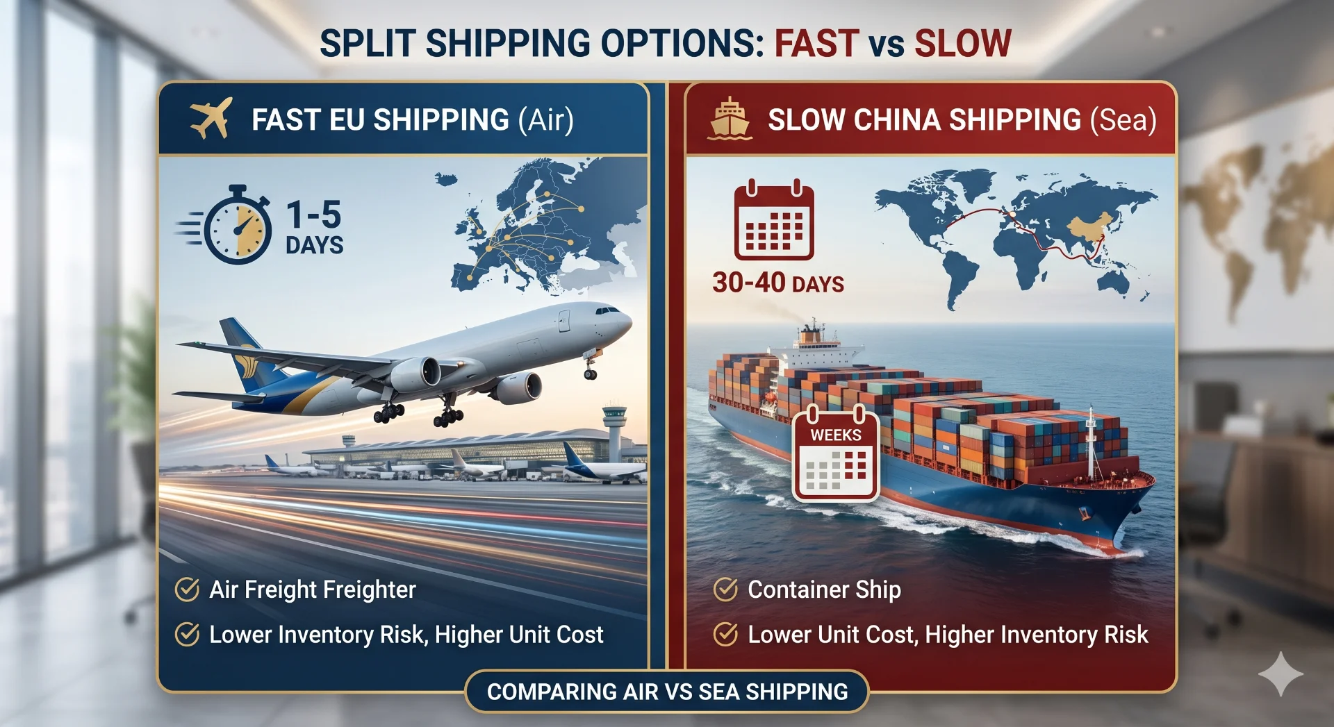 A split image showing an airplane for fast EU shipping and a container ship for slow China shipping