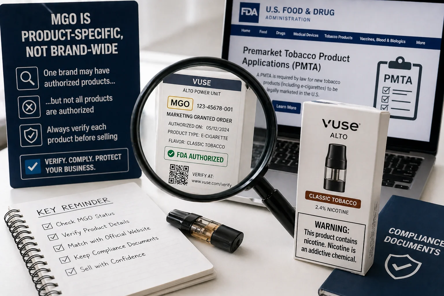 A magnifying glass checking a vape product label with individual product authorization details