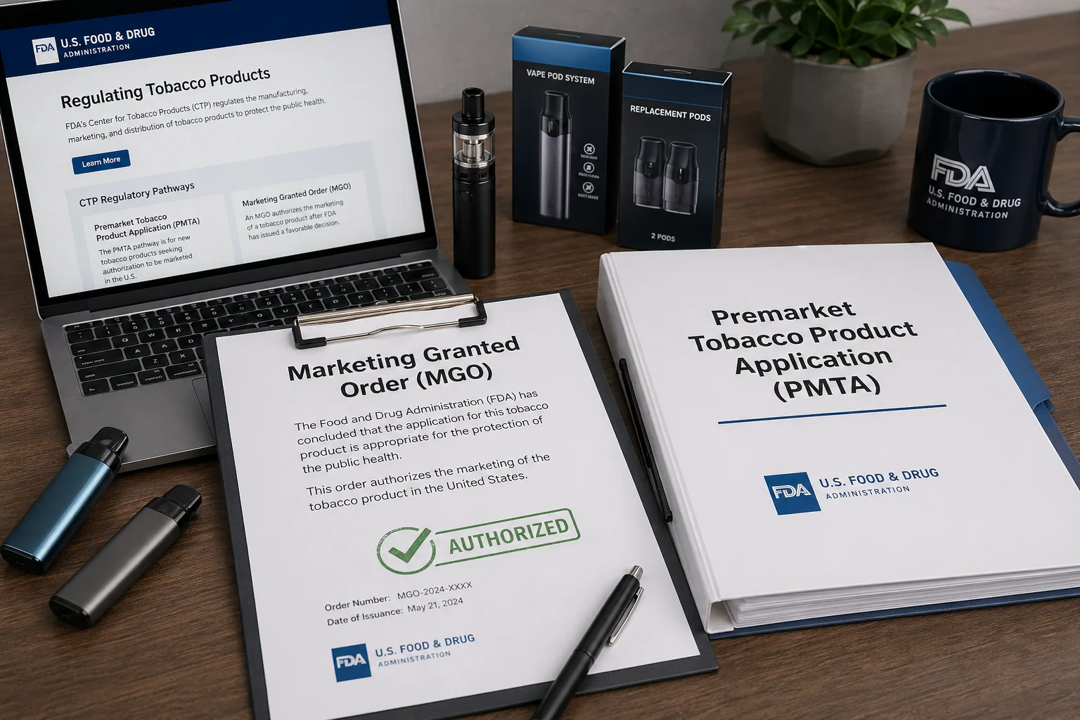 An FDA regulation document stamped Marketing Granted Order beside vape products on a clean office desk