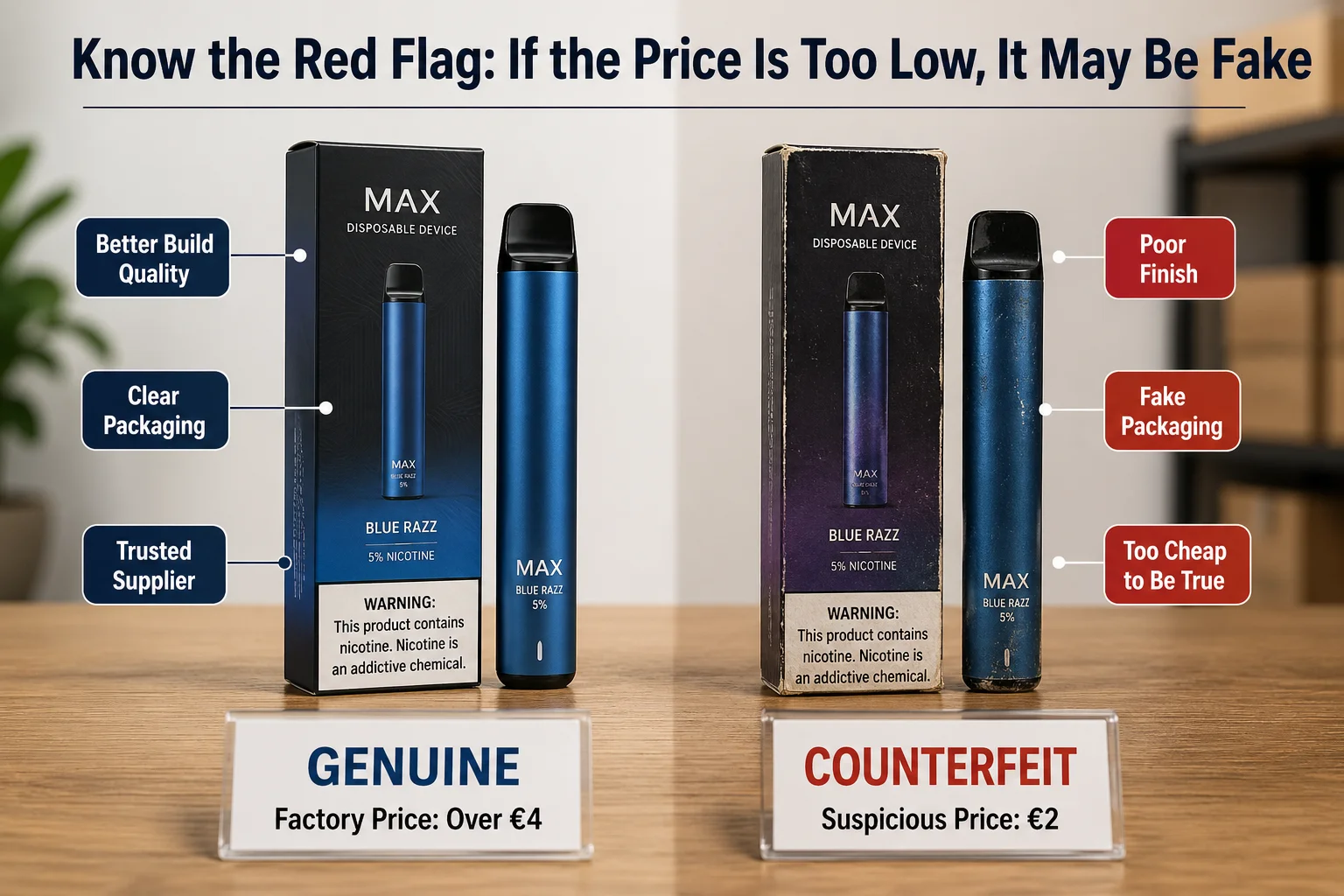 A genuine vape next to a counterfeit one, highlighting differences