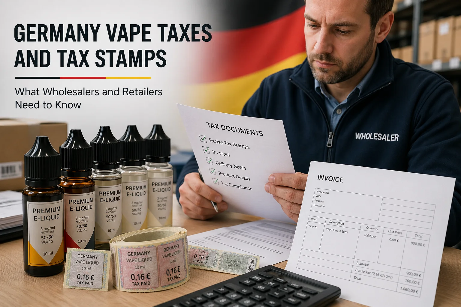 A German vape tax compliance scene with e-liquid bottles, tax stamps, invoices, and a wholesaler checking documents