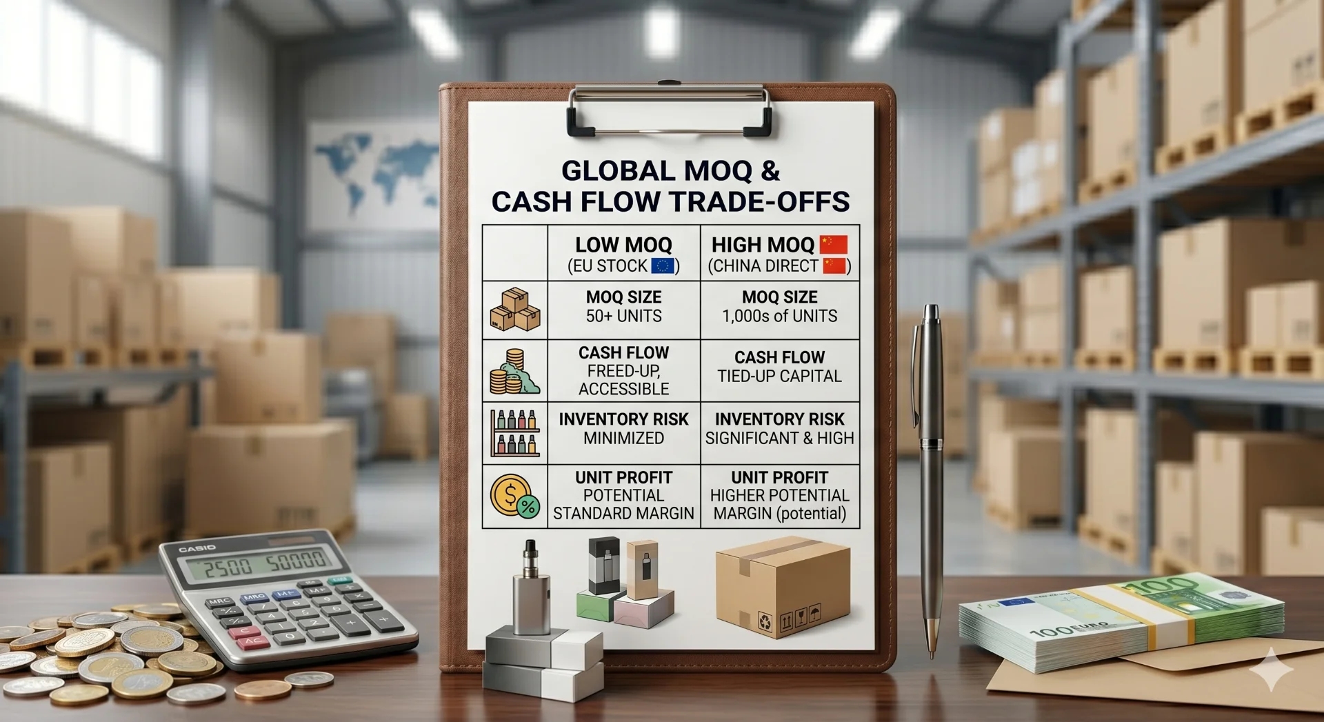 A calculator and stacks of coins illustrating cash flow