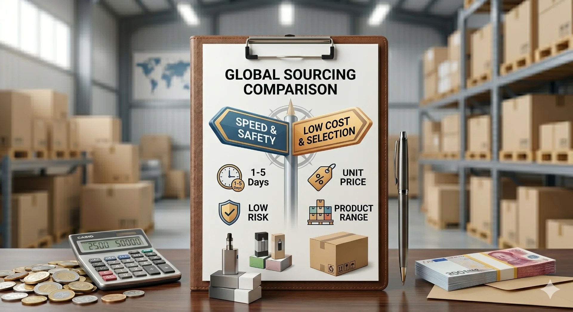 Two signs pointing in opposite directions, one to 'Speed & Safety' and the other to 'Low Cost'