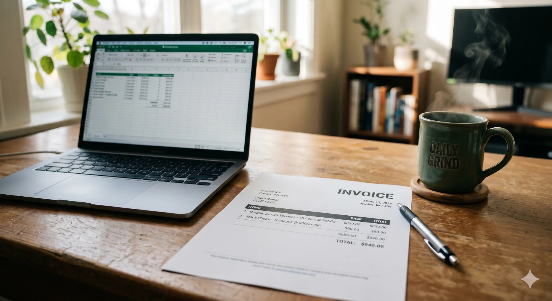 An invoice on a desk next to a laptop and coffee