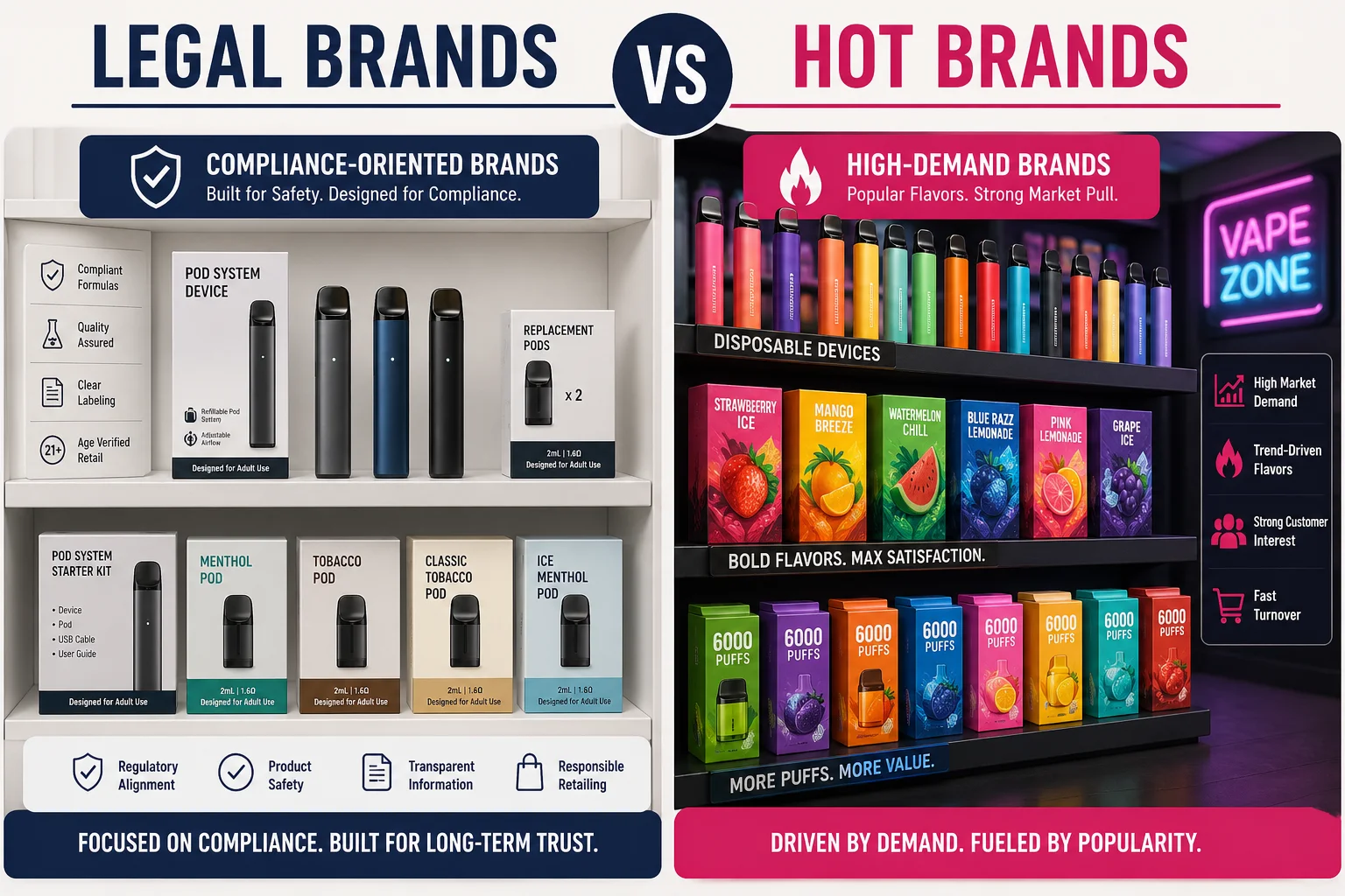 A comparison display showing FDA-authorized vape brands on one side and popular disposable vape brands on the other