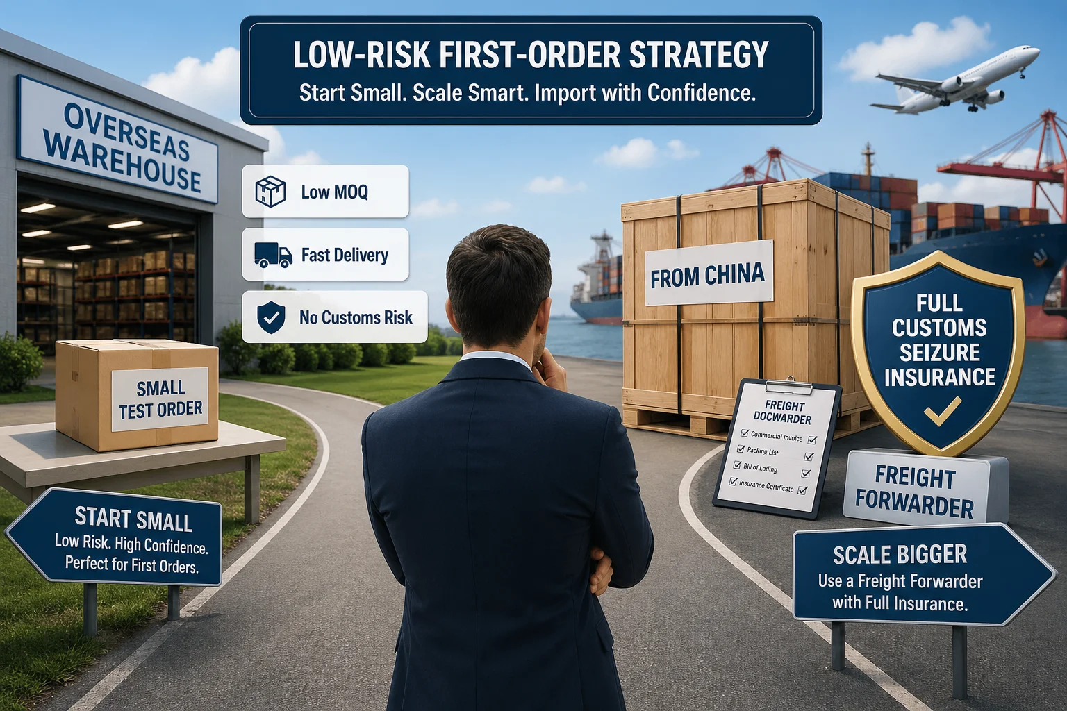 Two paths for ordering: a small box from a local warehouse and a large crate from China with an insurance shield