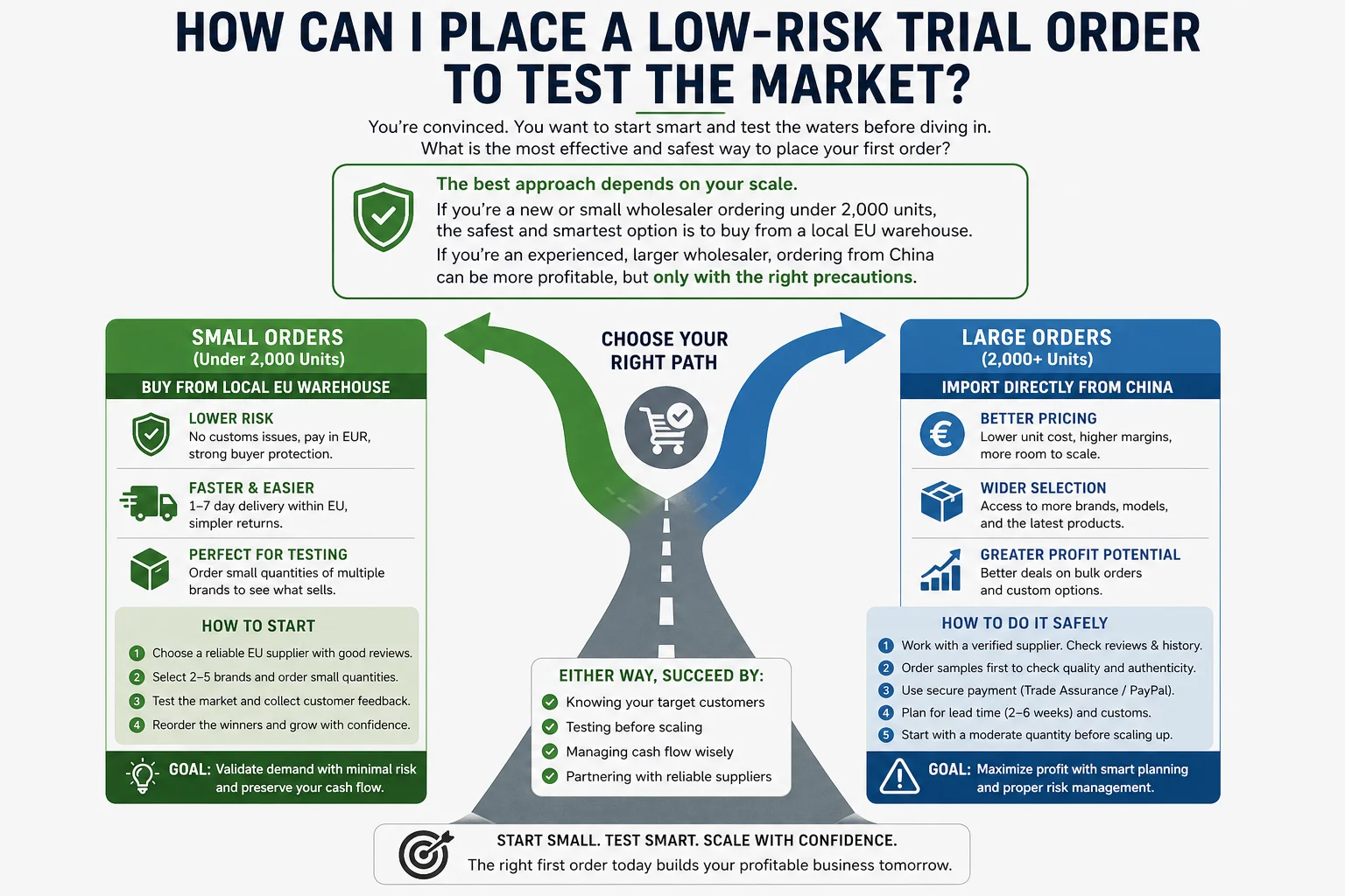 Two arrows pointing to different paths: one for small orders, one for large orders