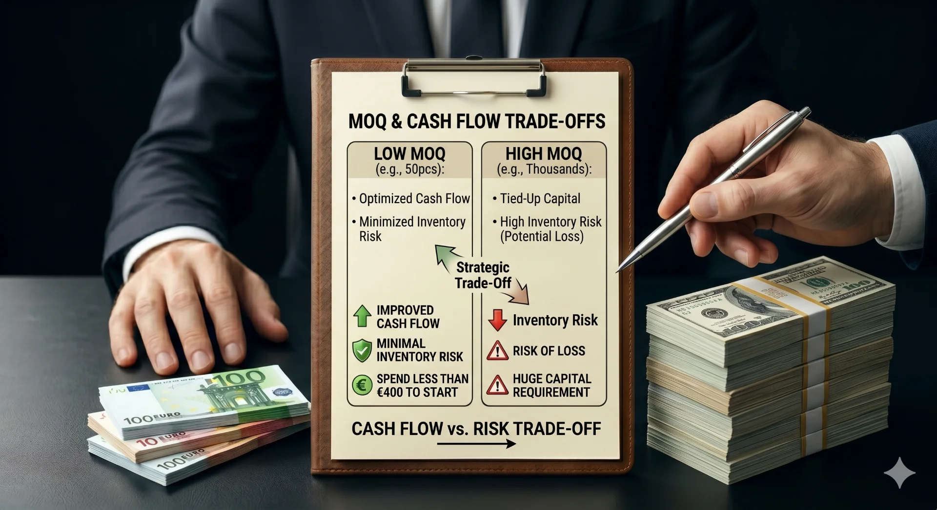 A person comparing a small stack of cash versus a large stack of cash