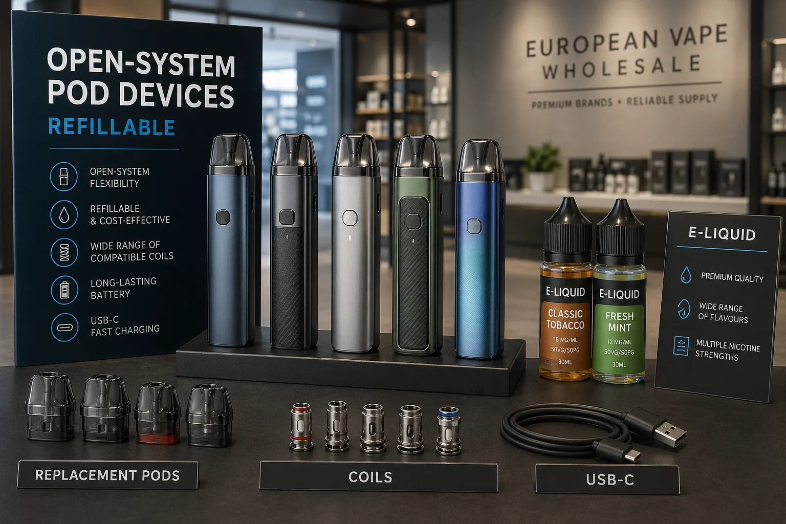 A premium display of refillable open-system pod devices, replacement pods, USB-C charging, and e-liquid bottles