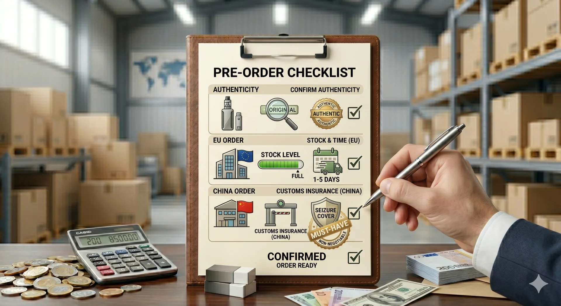 A person checking off items on a checklist before making a purchase