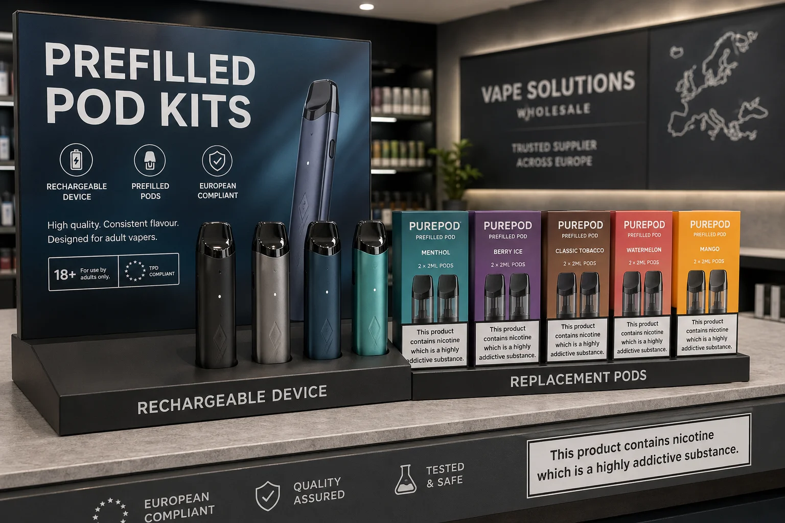 A clean retail display of prefilled pod kits, rechargeable vape devices, and replacement pods for European customers