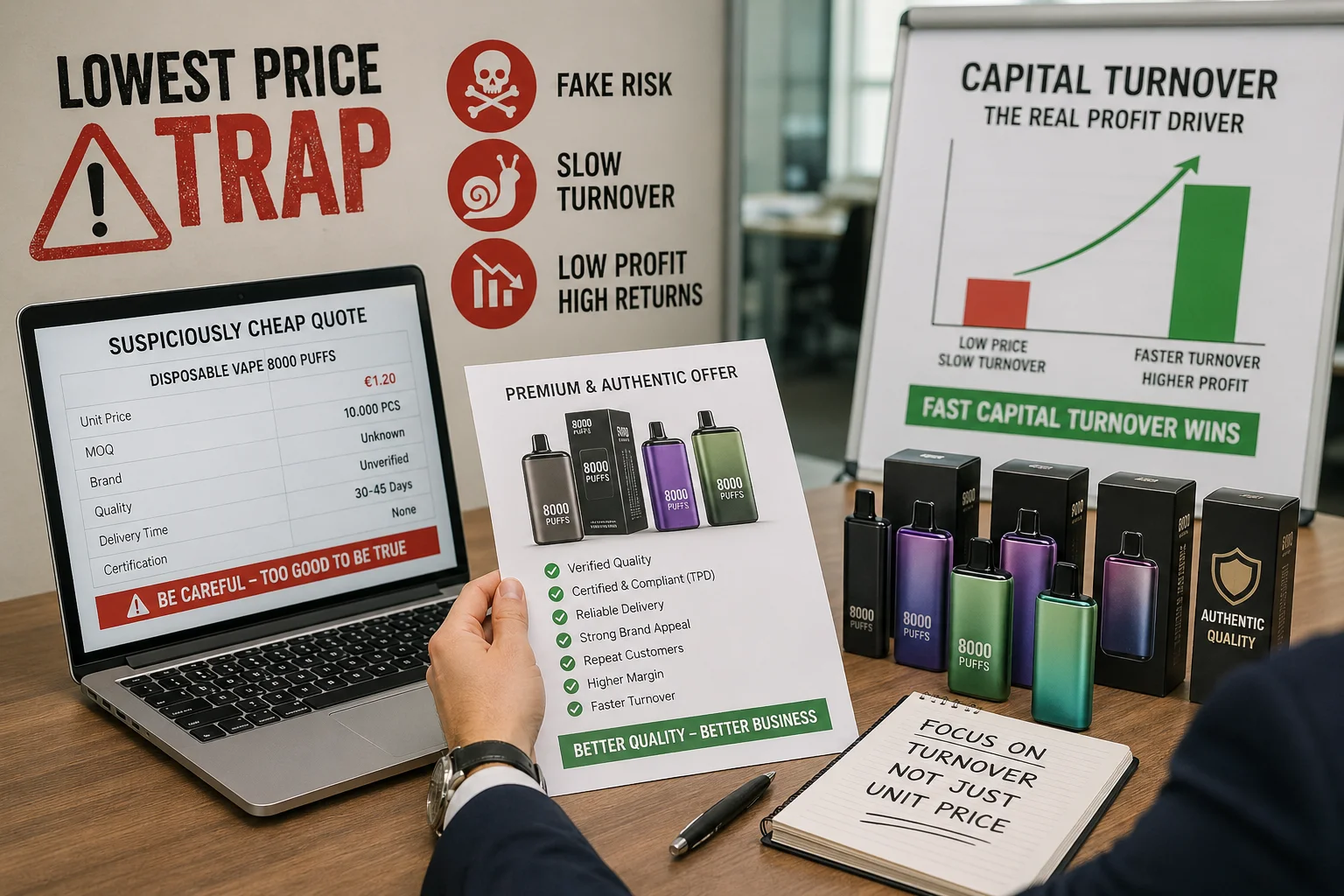 A warning scene showing a buyer comparing a very cheap fake vape offer with authentic products and a capital turnover chart