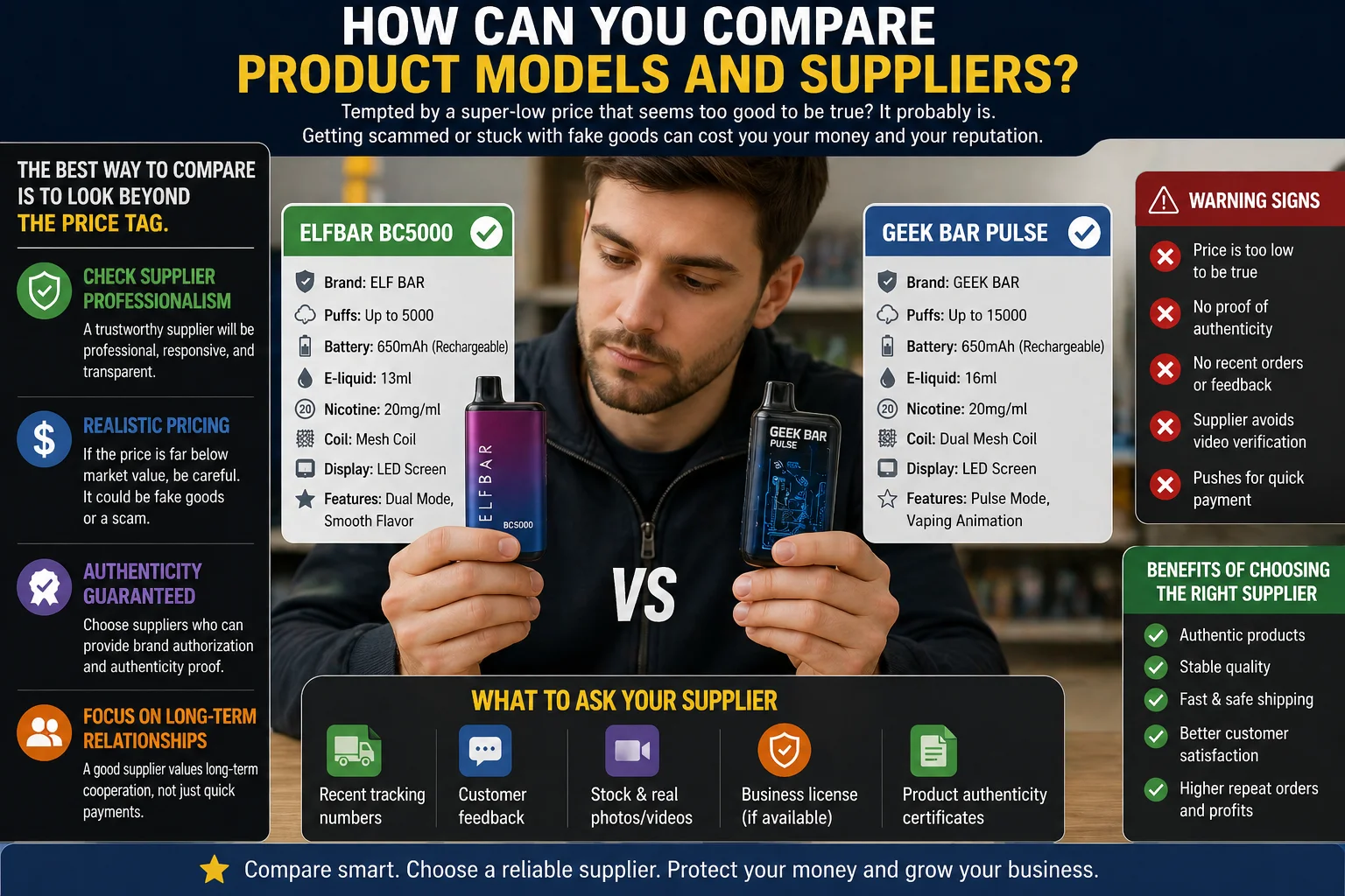 A person comparing two different vape models side-by-side