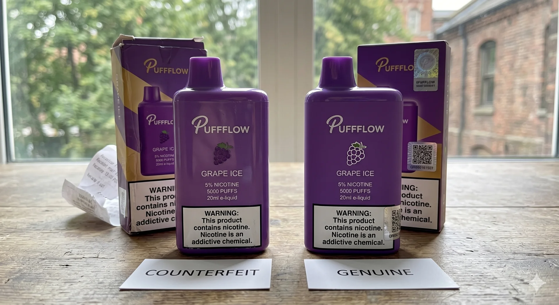 Side-by-side comparison of counterfeit and genuine Puff Flow Grape Ice vapes, highlighting differences in packaging and labels.