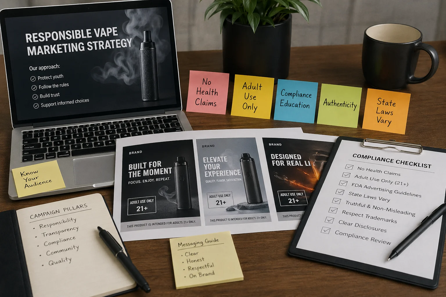 A vape marketing planning desk showing compliant content examples, warning signs against health claims, and responsible advertising notes