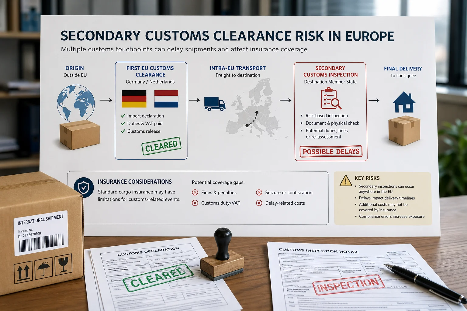 A logistics route map showing first EU customs clearance in Germany or the Netherlands and a second local customs check in high-risk destination countries