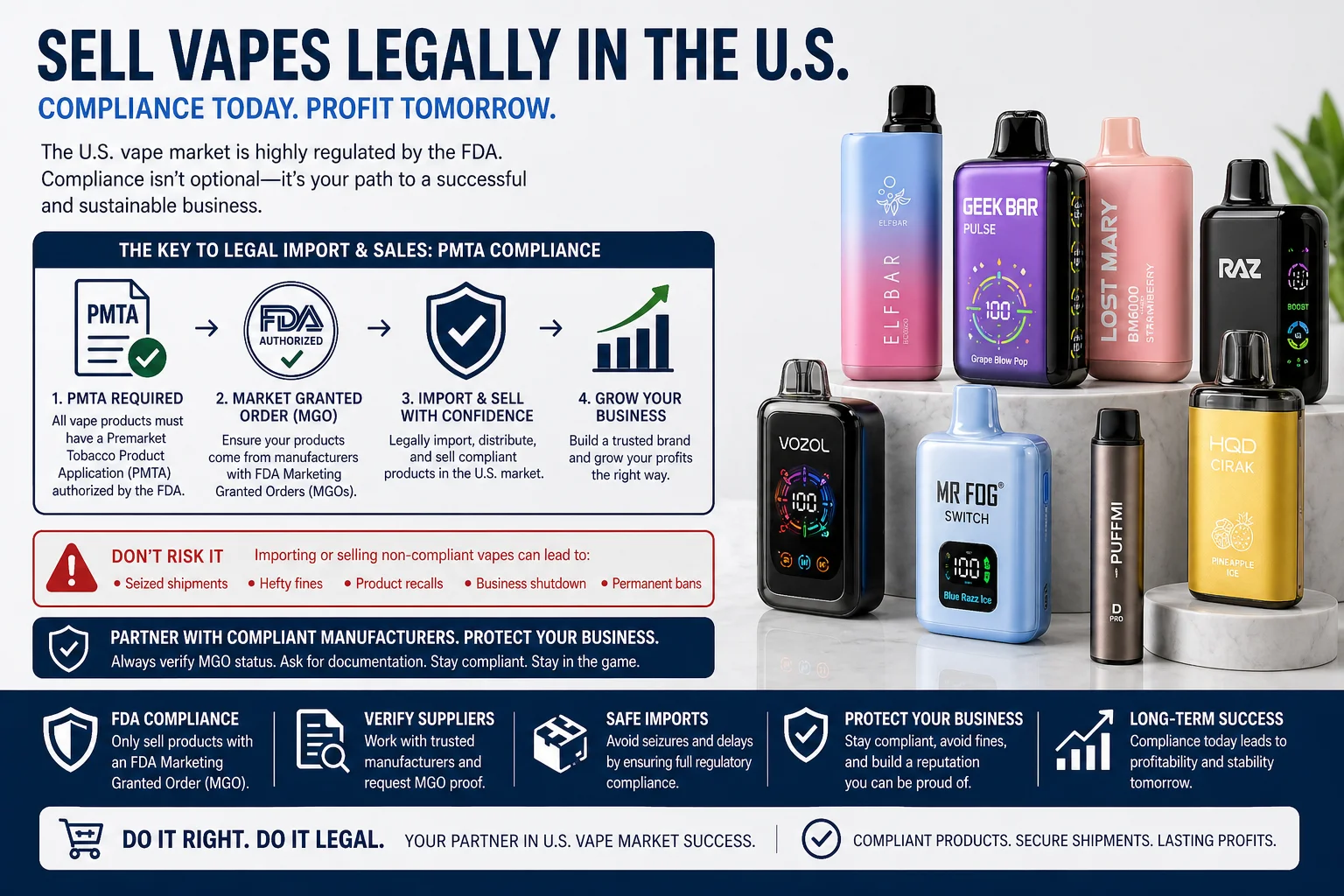 An assortment of popular vape products on a clean background