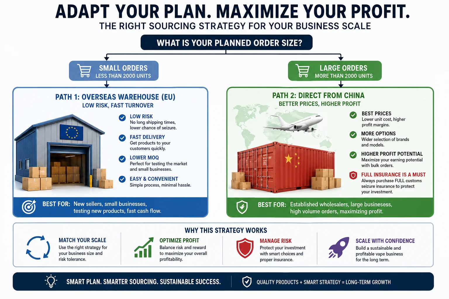 A flowchart showing two paths: small orders via EU warehouse, large orders via China direct