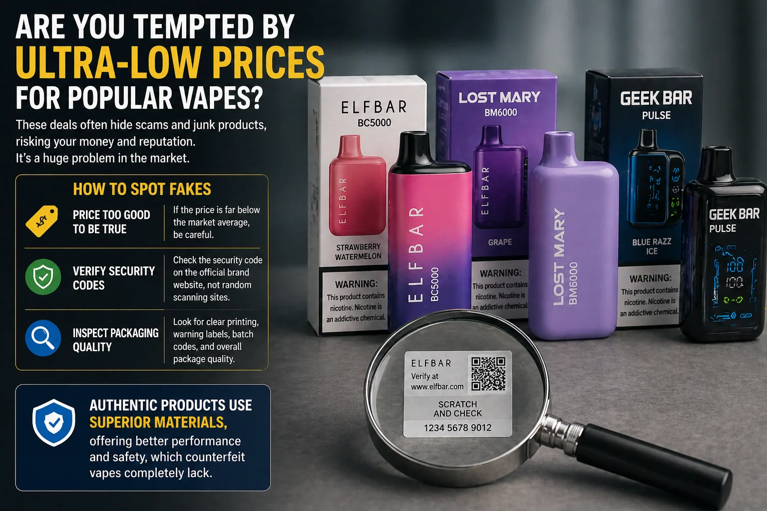 A collection of authentic disposable vapes next to a magnifying glass.