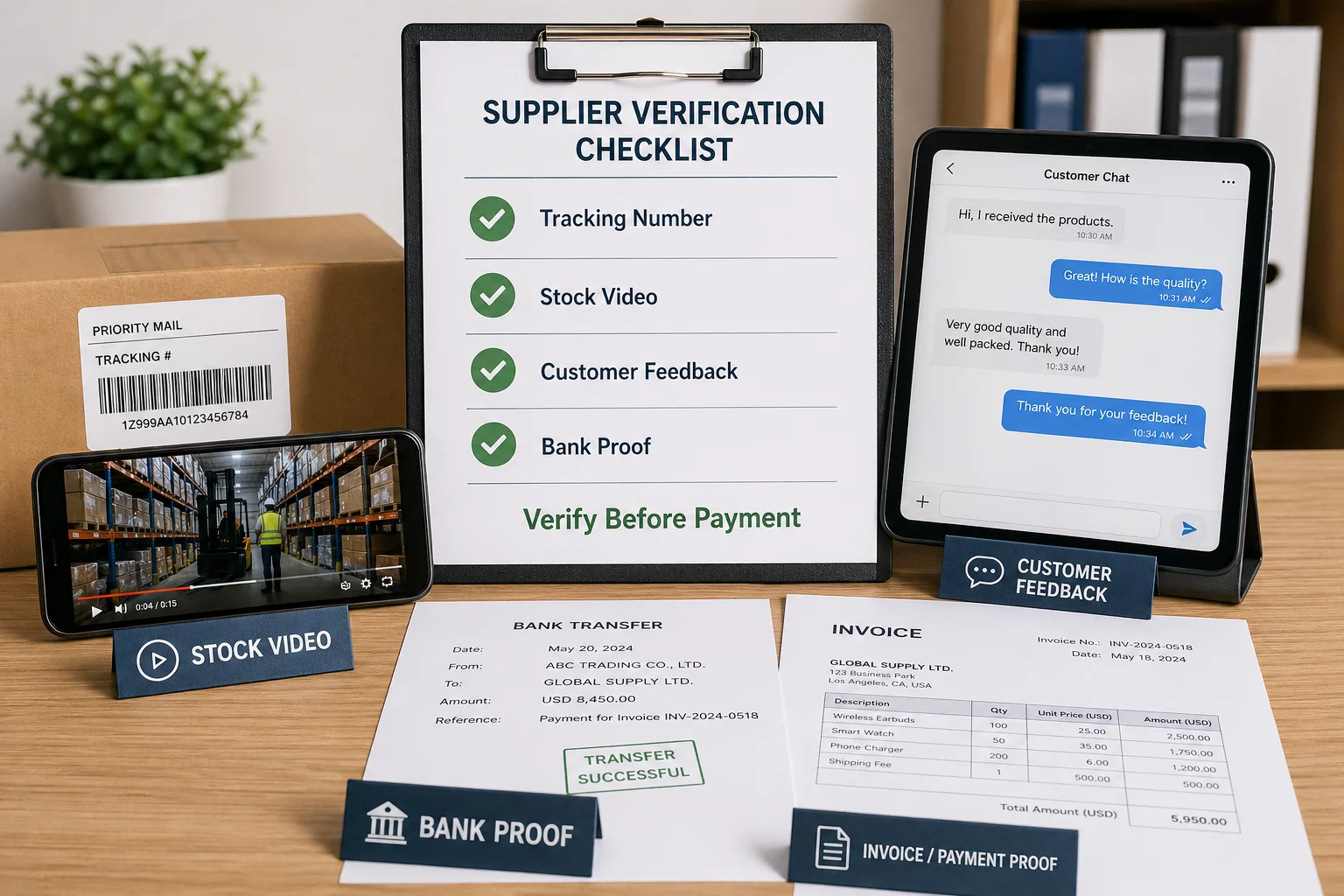A supplier verification checklist with tracking numbers, stock video proof, customer chat screenshots, and bank details
