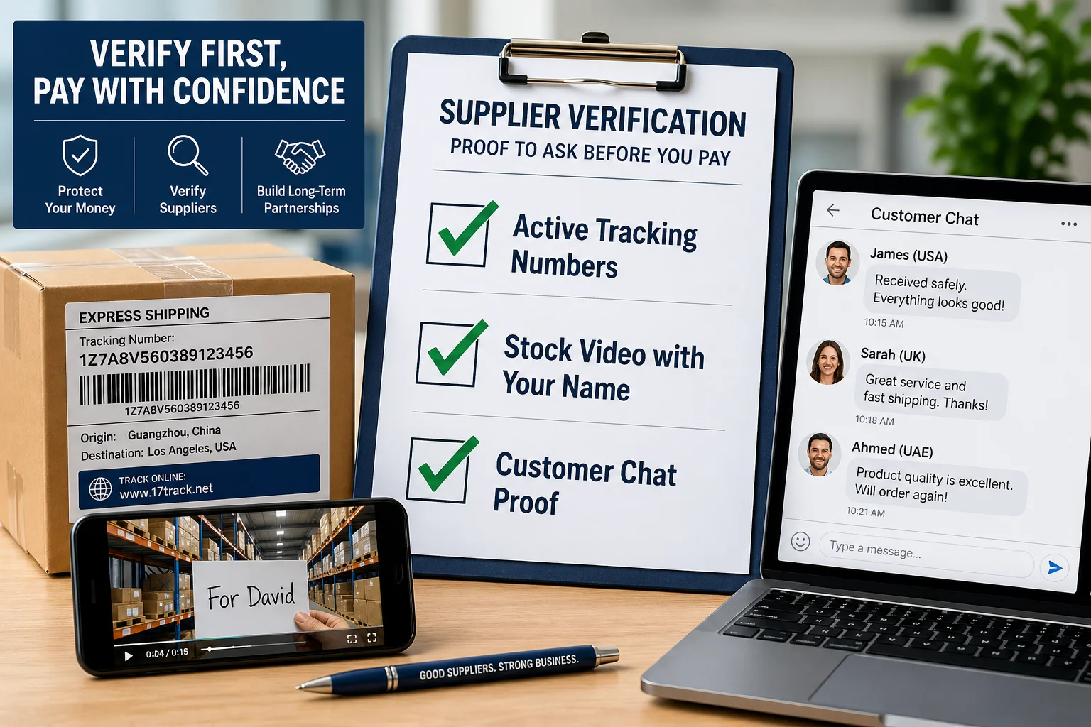 A checklist of proof items: tracking number, video proof, customer reviews