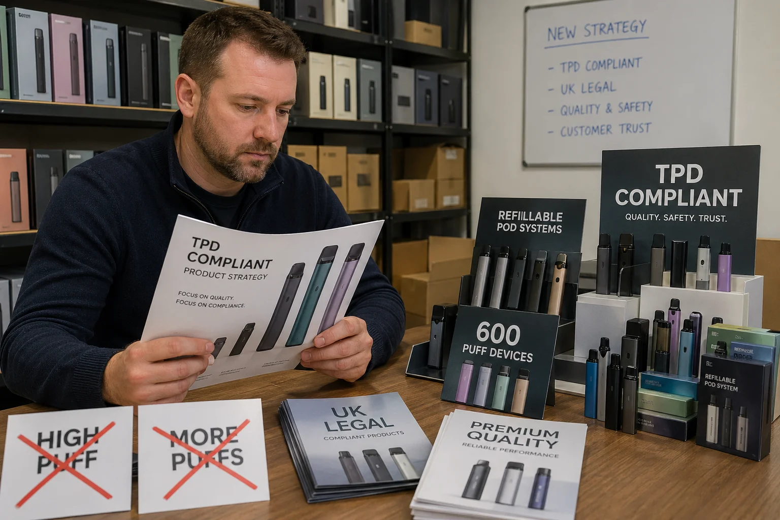 Marketing materials showing TPD-compliant vapes